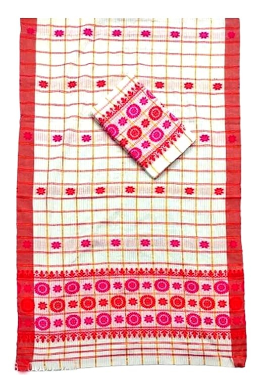Women`s Assamese Mekhela Cotton Sador Jura Santal Panchi Parhar Pure Fabric Soft Traditional Design- Pink Red