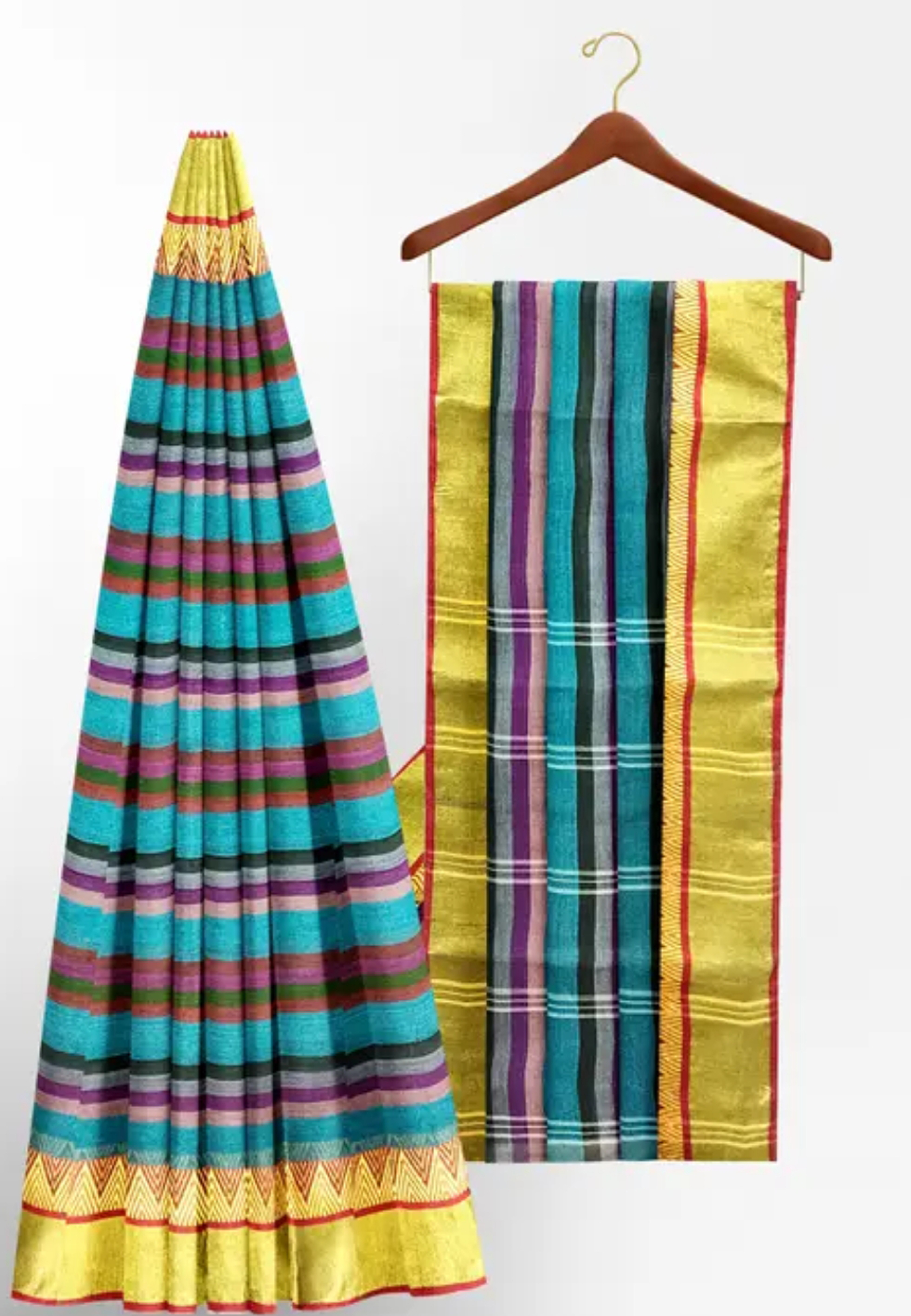 Yellow Blue Kunbi Goa Saree Handwoven Traditional Design With BP  