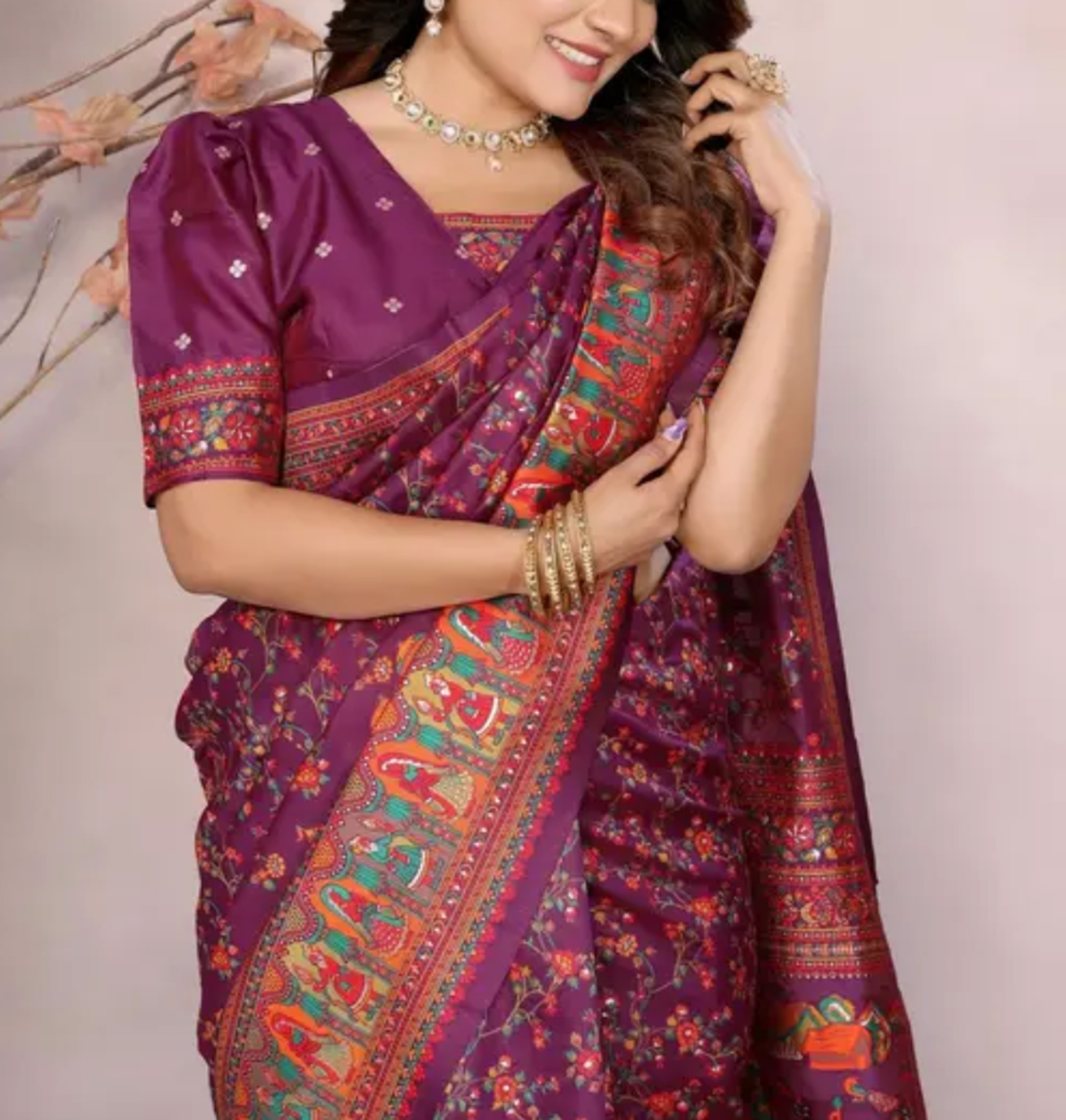  Kashmiri Pashmina Jamawar Silk Purple Saree with Traditional Meenakari Work  