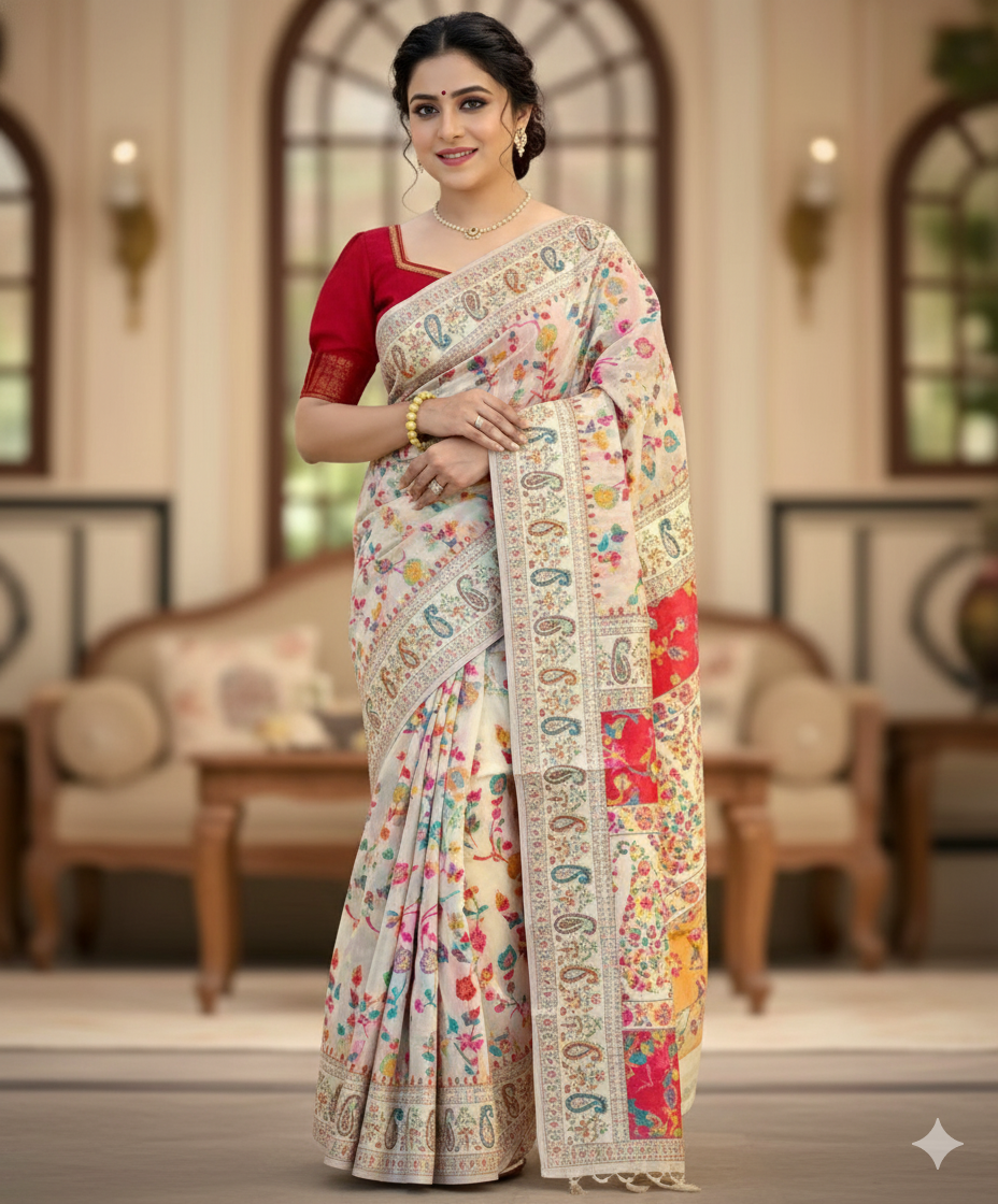 Elegant Maple leaf Printed Pashmina Saree