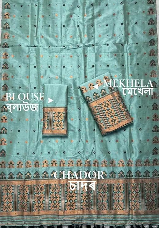 Women`s Assamese Mekhela Sador Paat Santal Panchi Lungi Parhar Fabric of Soft Silk Traditional Design- Green