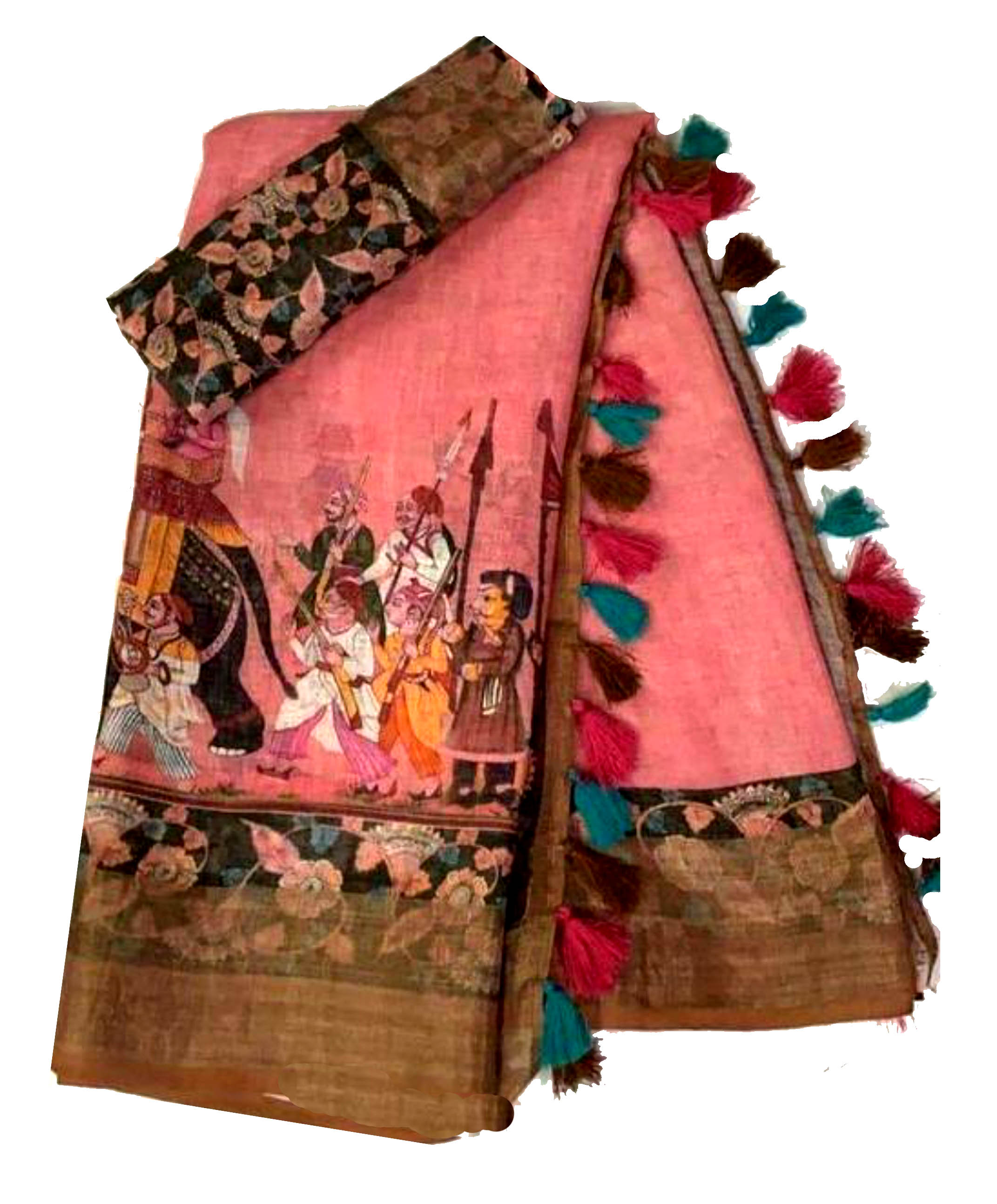  linen Saree Mughal Elephant Emperor Silk With Blouse Piece 