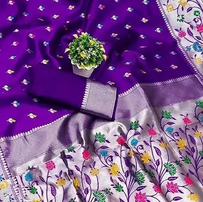 Jolly Women`s Paithani Silk Saree Hand Loom Beautiful Motifs and Peacock Border with Blouse - Purple Blue