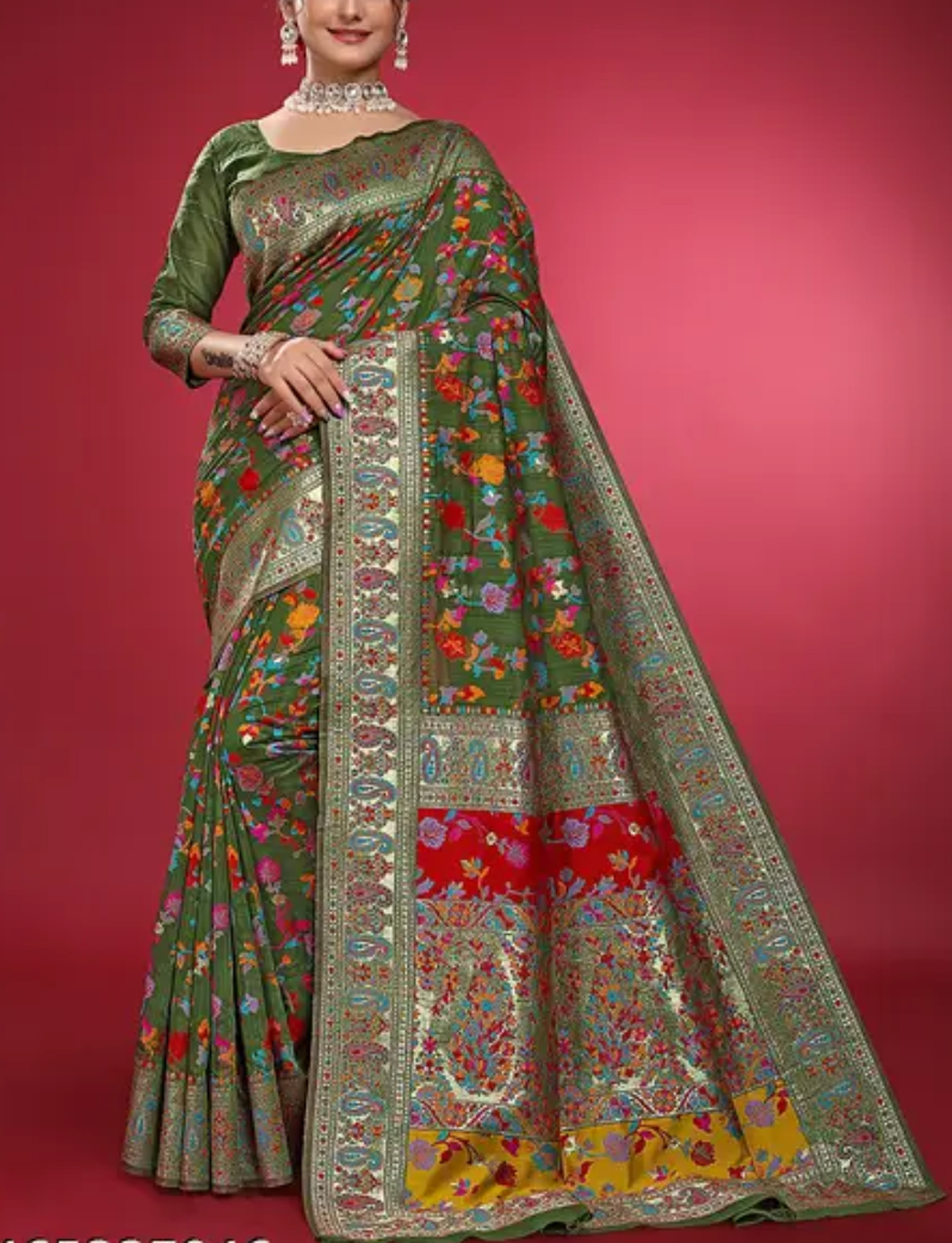  Kashmiri Pashmina Silk Olive Green Saree with Traditional Meenakari Work 