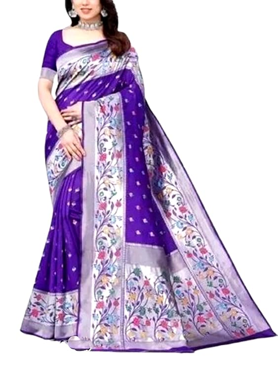 Jolly Women`s Paithani Silk Saree Hand Loom Beautiful Motifs and Peacock Border with Blouse - Purple Blue