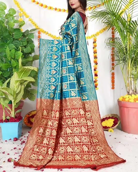 Women`s Patola Bandhani Silk Sarees Traditional Jacquard Design with Contrast Blouse Piece - Sky Blue Red