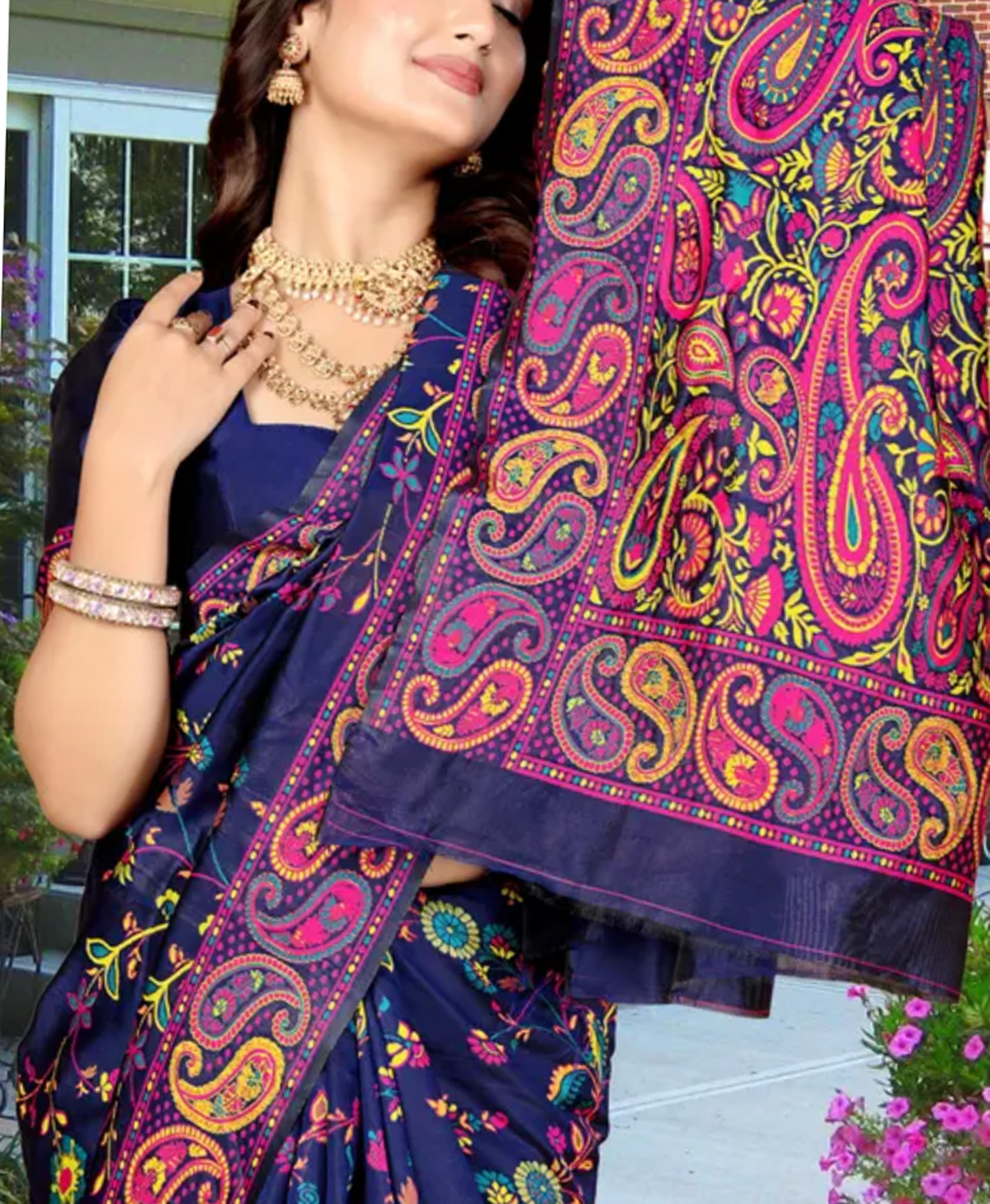  Kashmiri Pashmina Silk Dark Blue Saree with Traditional Meenakari Work 