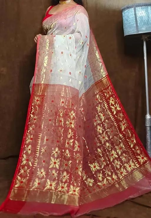 Elegant Red and White Cotton Soft Jamdani Design Allover without Blouse