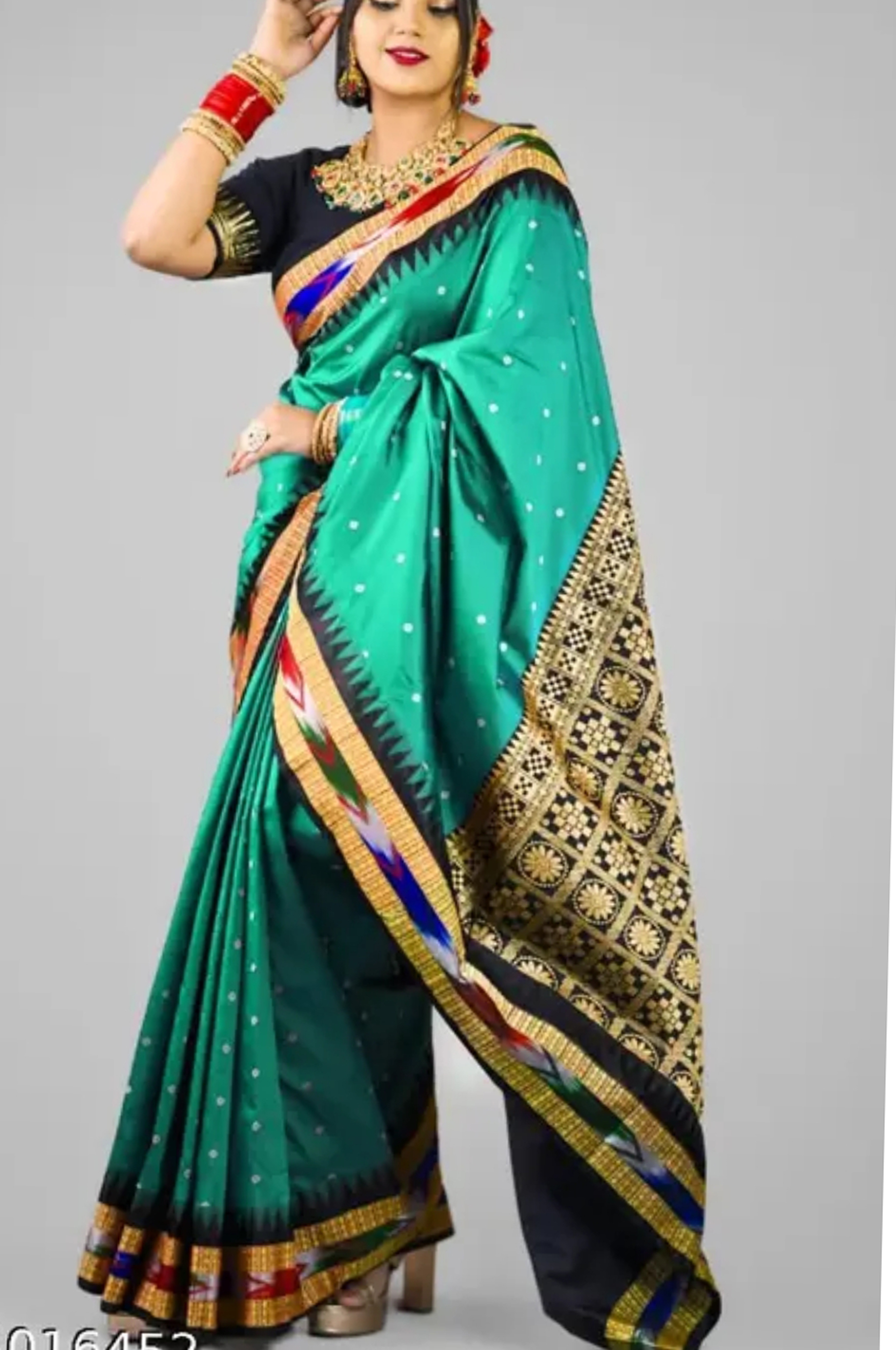 Sambalpuri Green Black  Embroidery Silk Saree Pasapalli Traditional Design With Blouse Piece 