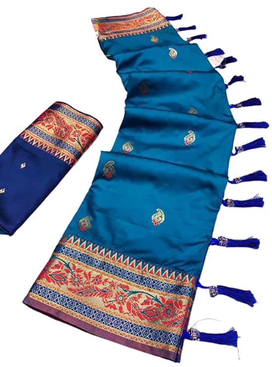 Jolly Women`s Paithani Silk Saree With Traditional Woven With Contrast Blouse Piece - Blue