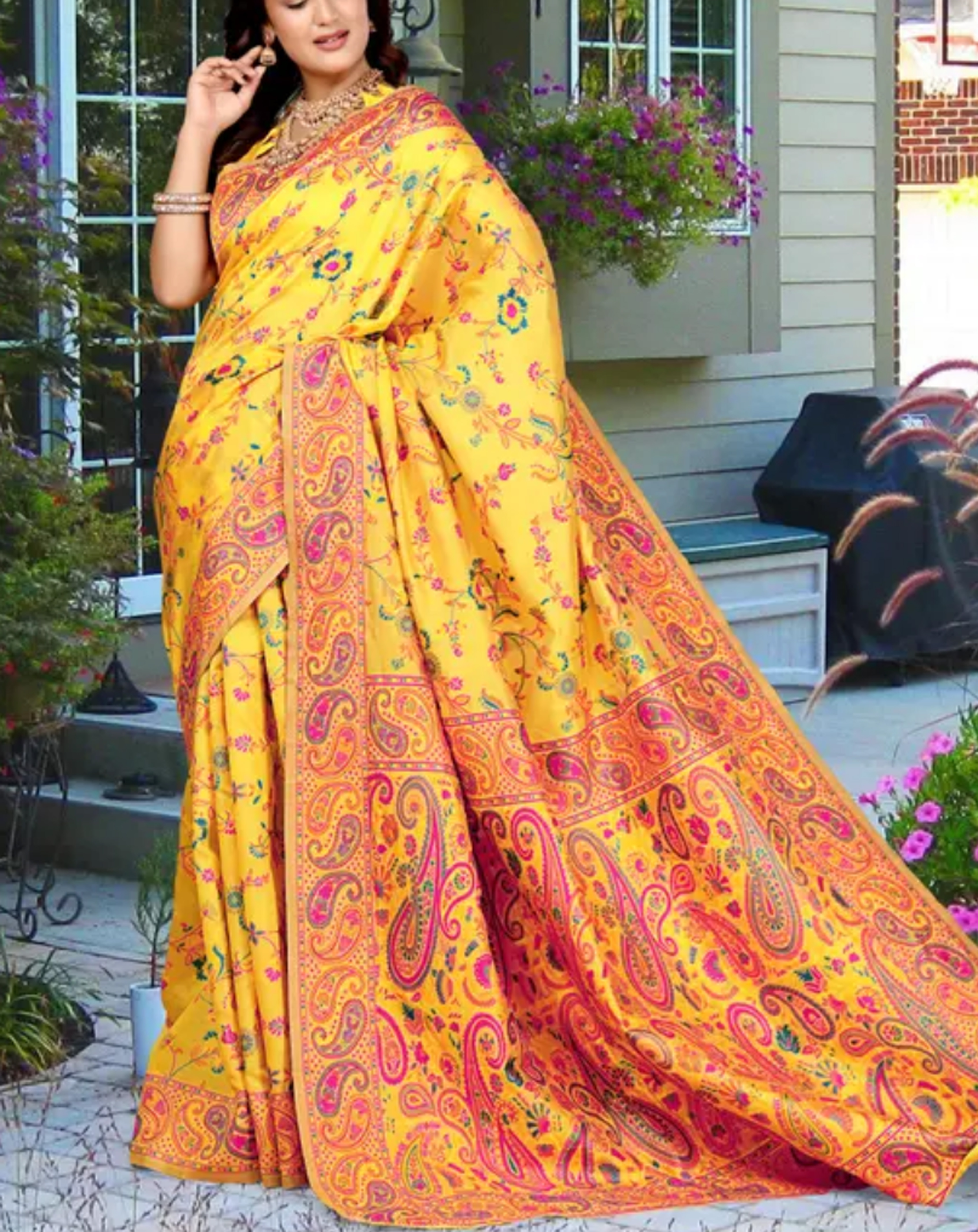  Kashmiri Pashmina Silk Yellow Saree with Traditional Meenakari Work 