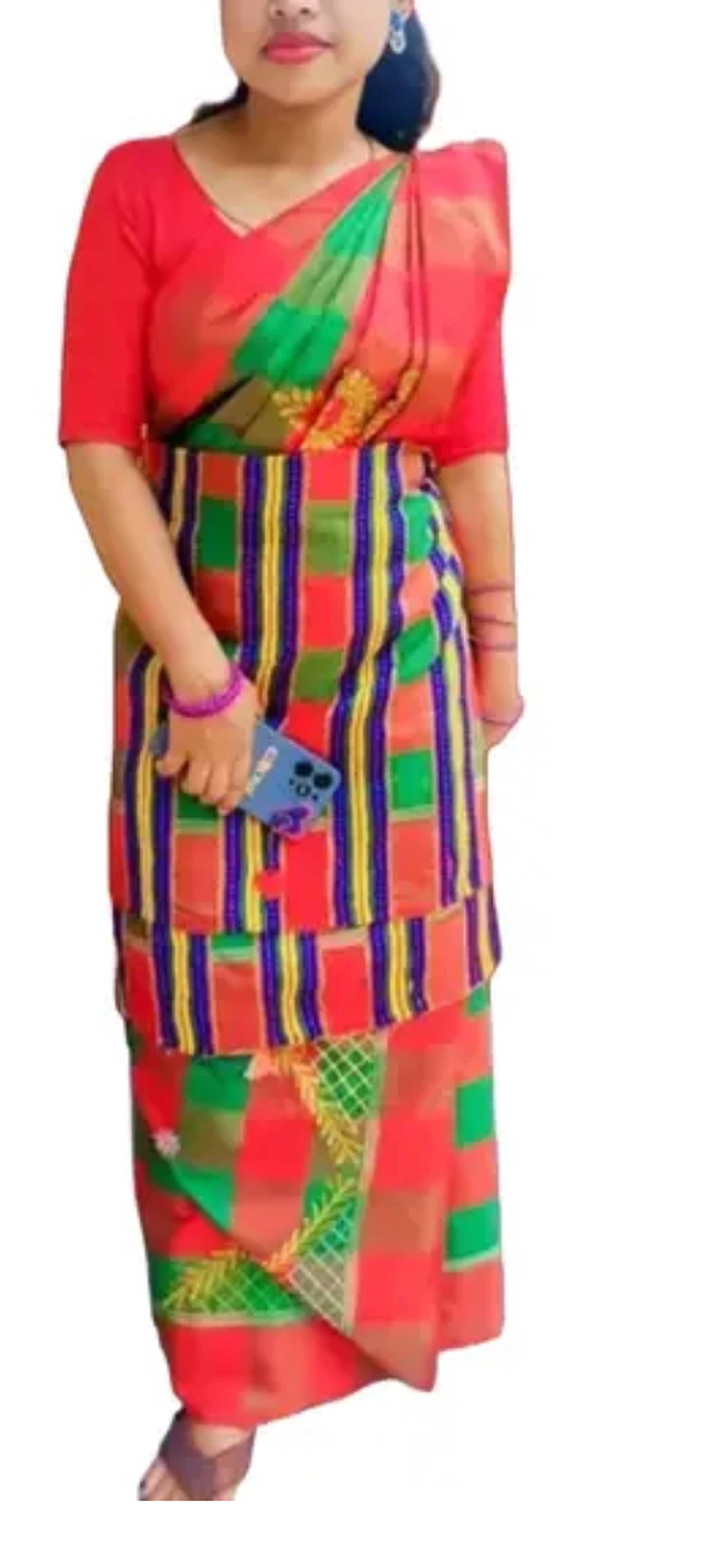 Adibasi Tribal Santali Cotton Saree Panchi Lumang Embroidered Red Green