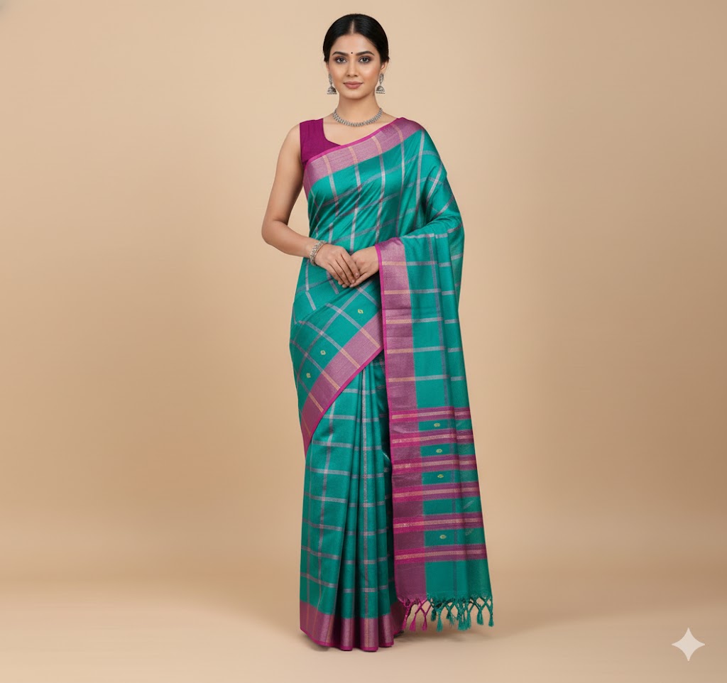 Adibasi Tribal Santali Cotton Saree Panchi Lumang Embroidered Green Pink