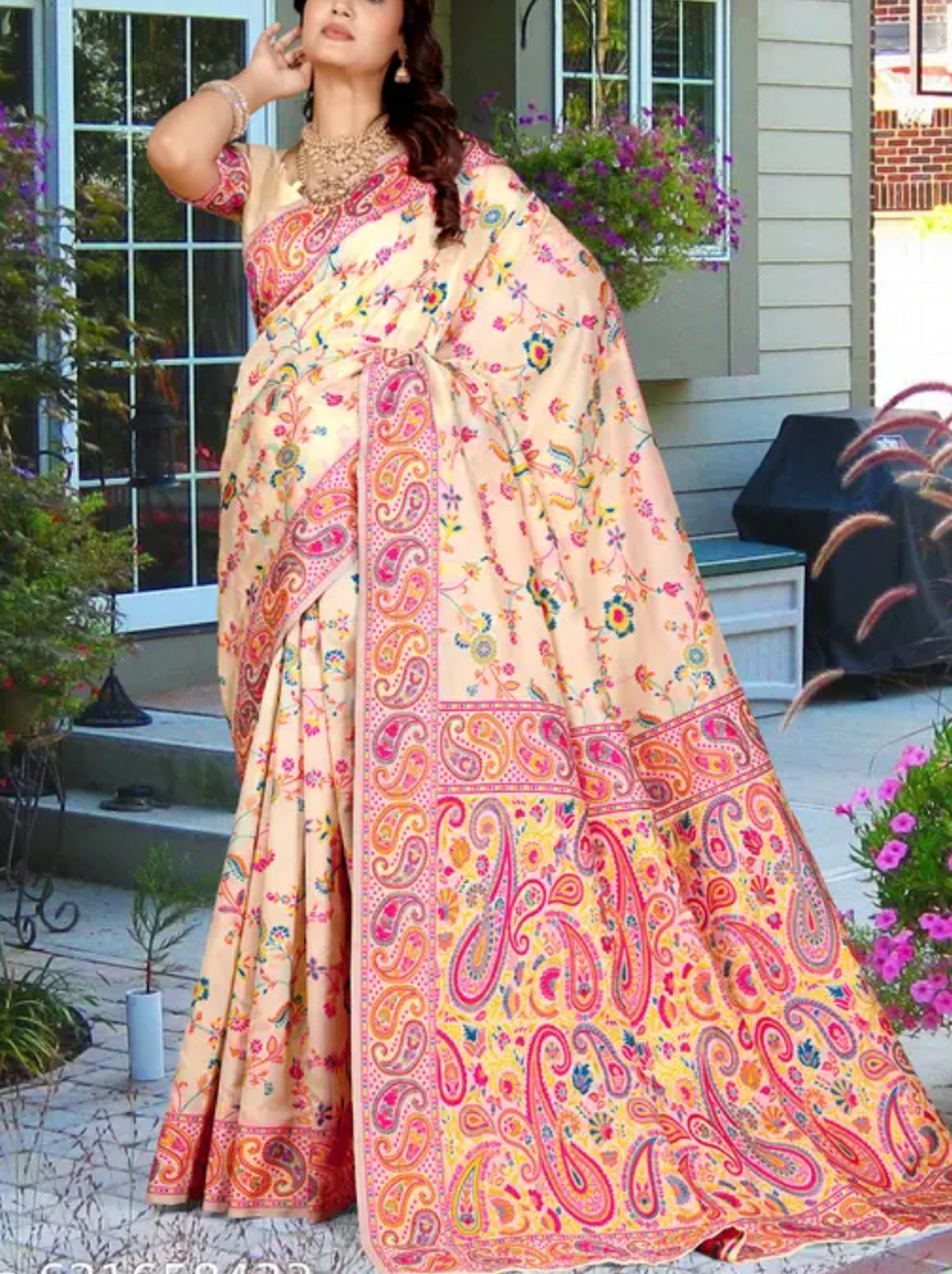  Kashmiri Pashmina Silk Cream Saree with Traditional Meenakari Work 