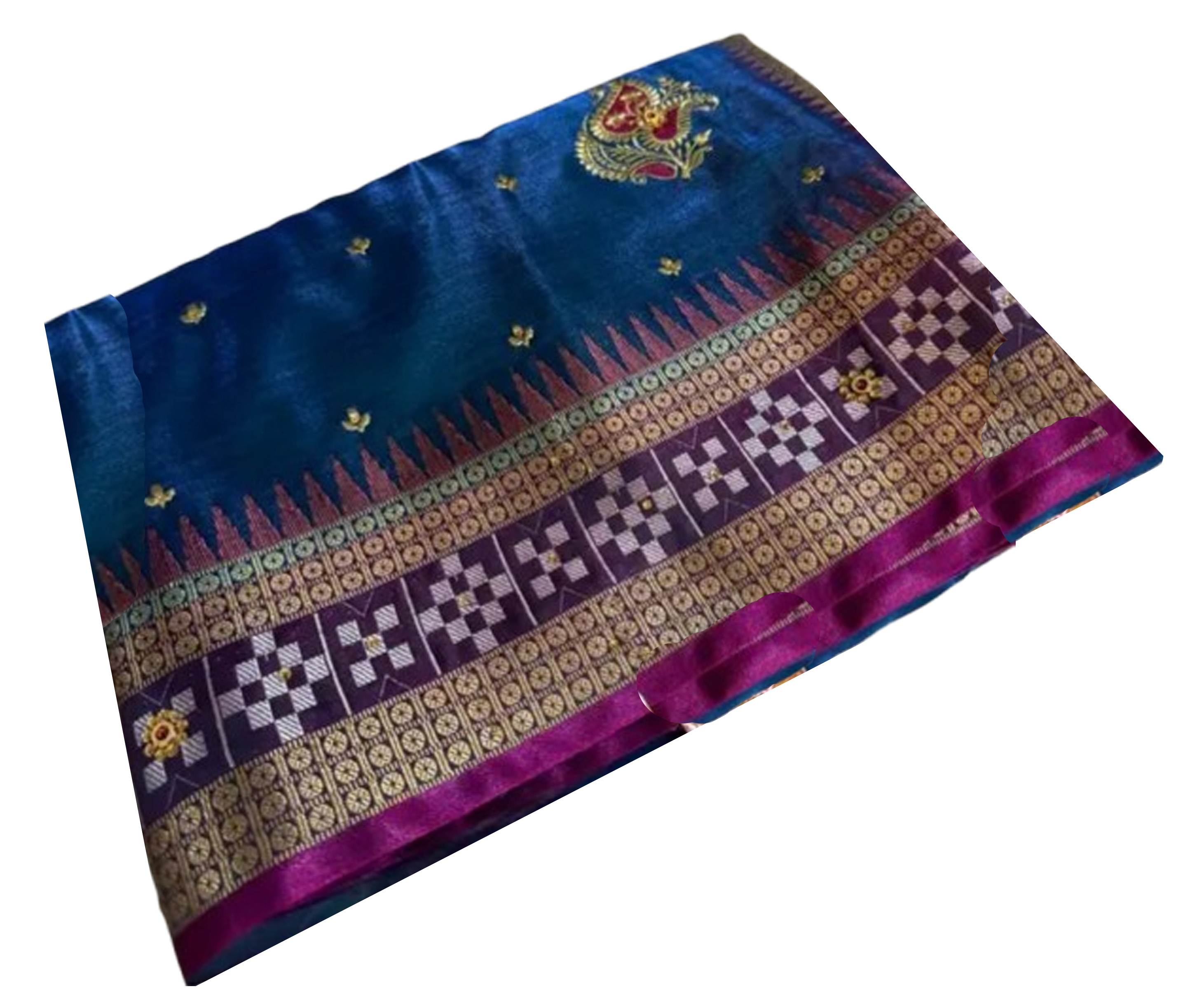Sambalpuri Banarasi Blue Pink  Embroidery Silk Saree Pasapalli Traditional Design With Blouse Piece 