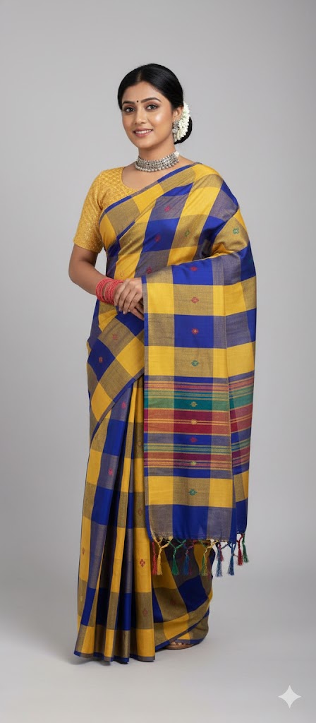 Santali Saree Adibasi Tribal Design Pure Tussar With Embroidered Blouse - Yellow Blue