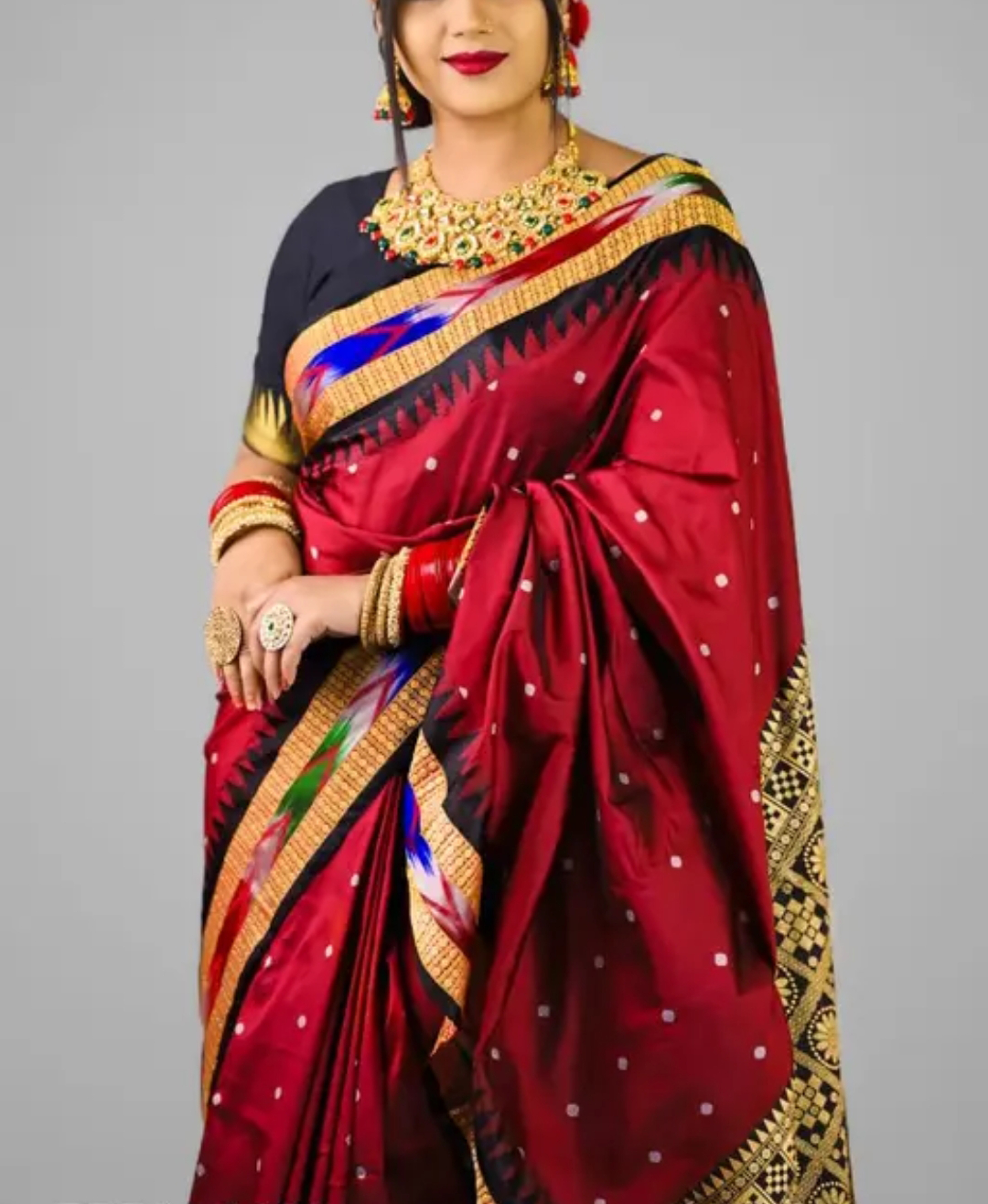 Sambalpuri Red Black  Embroidery Silk Saree Pasapalli Traditional Design With Blouse Piece 