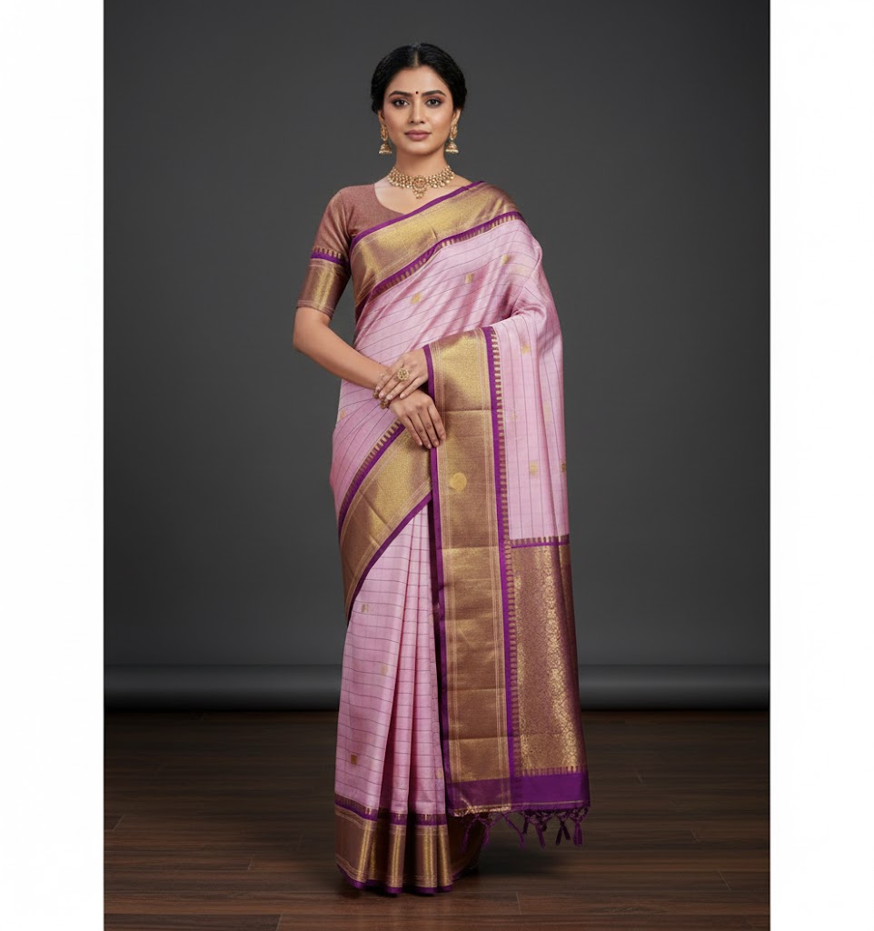 Pink Purple Kunbi Goa Saree Handwoven Traditional Design With BP