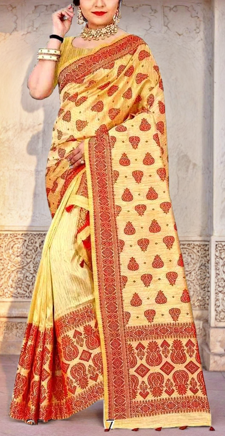 Jolly Enterprise Women`s Soft Assam Muga Silk Saree with Zari Embroidered Work - Off White