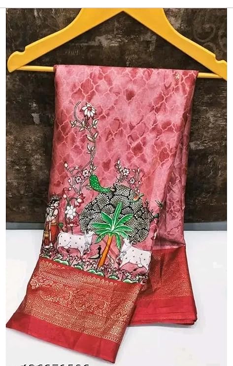 Jolly Bhagalpuri Radha Krishna Zari Woven Traditional Saree -Pink Red