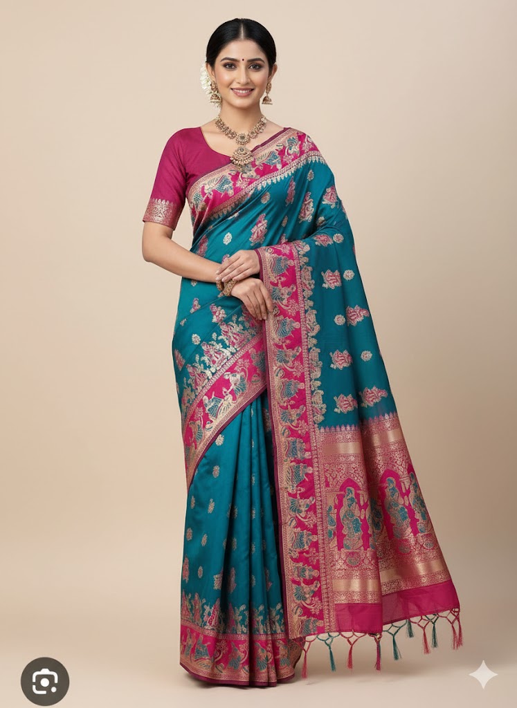 Women`s Pure Baluchari Saree Handwoven Traditional Design - Parrot Green