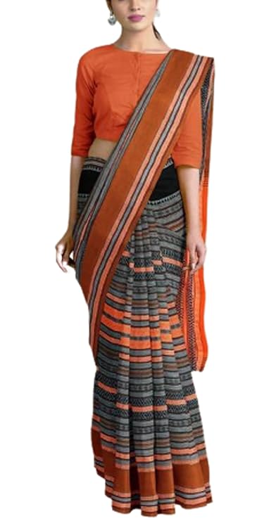 Women’s Dhaniakhali Khadi Pure Cotton Tant Saree Allover Work (Orange Black)