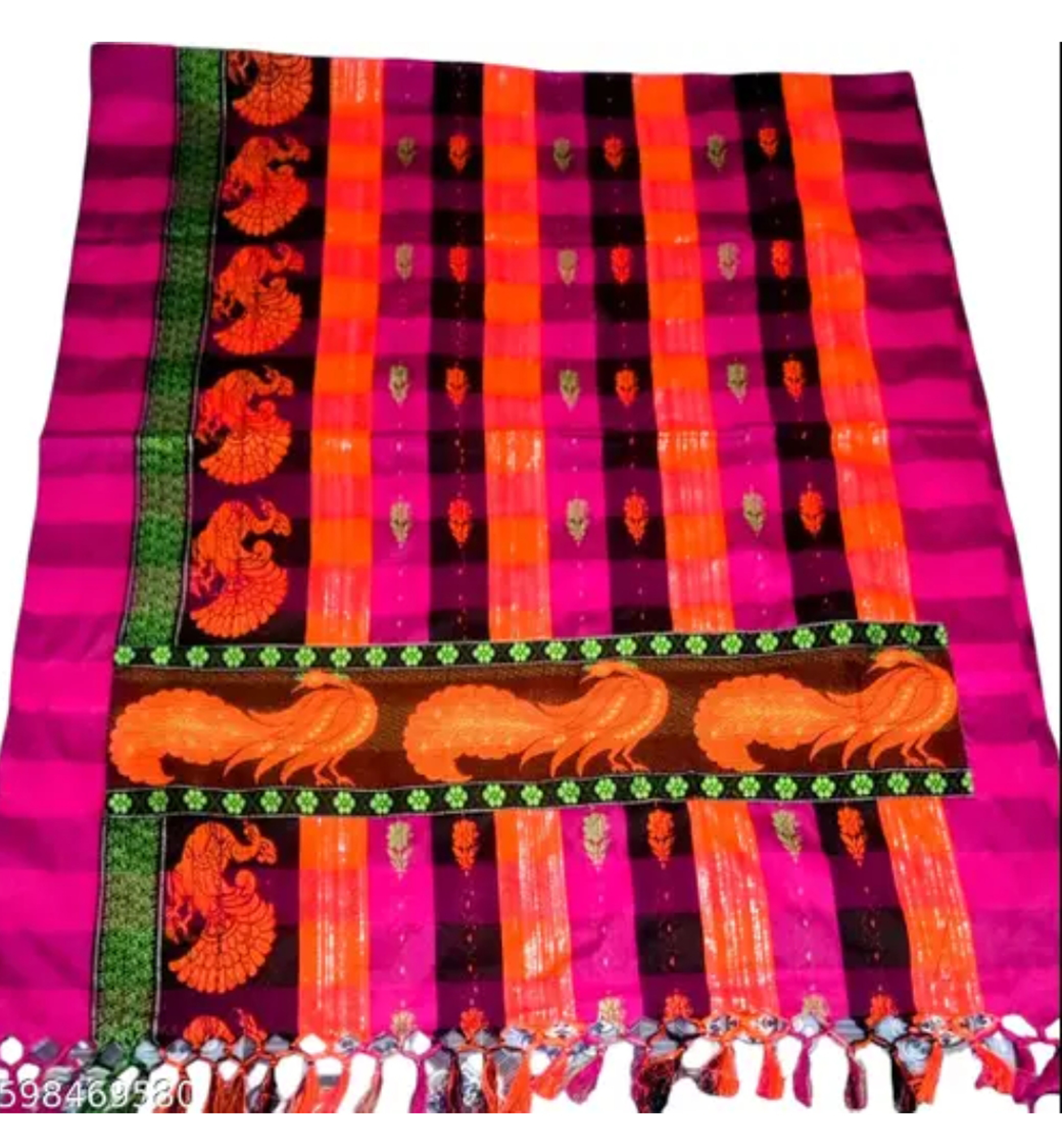 Adibasi Tribal Santali Cotton Saree Panchi Lumang Embroidered Pink