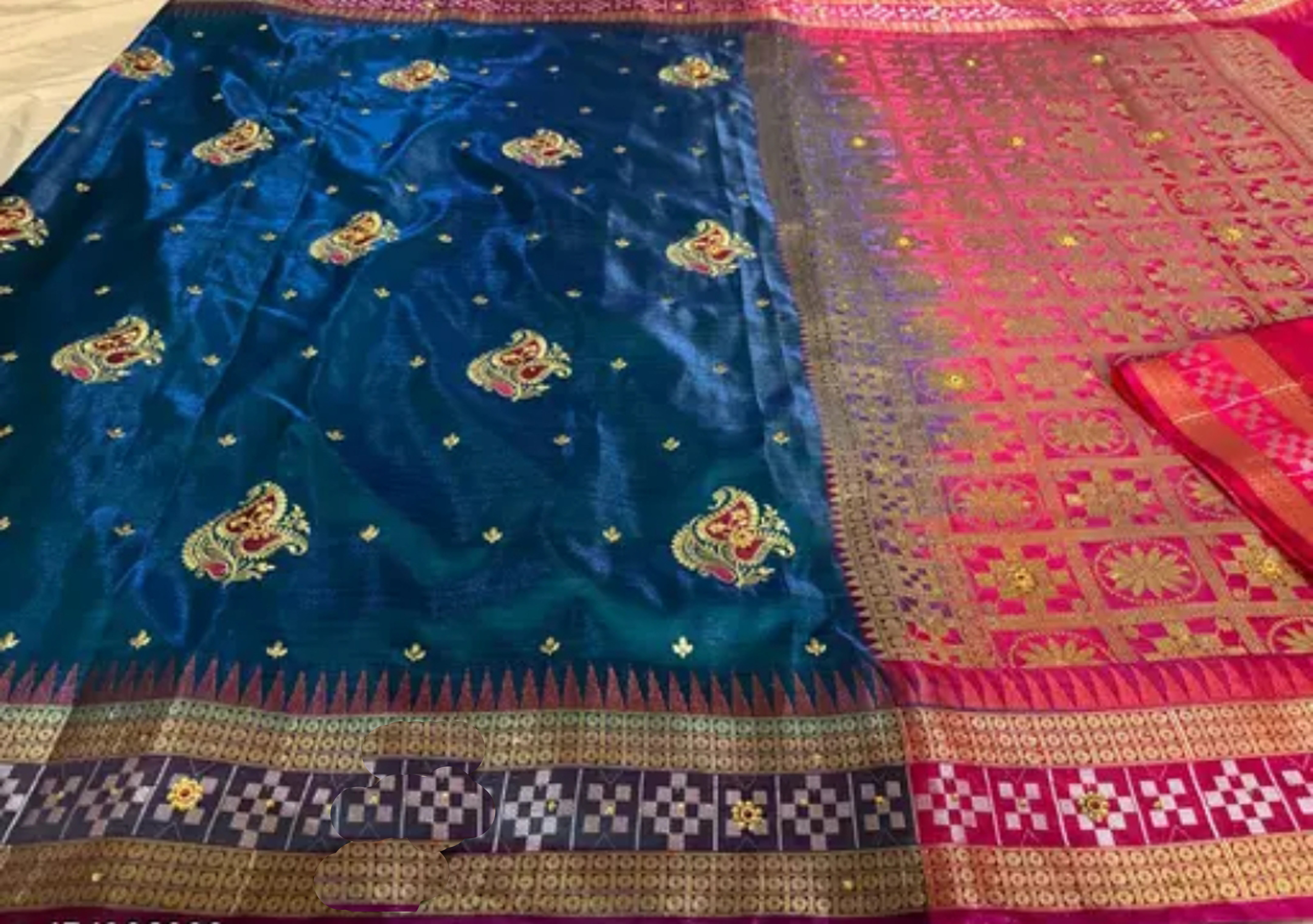 Sambalpuri Banarasi Blue Pink  Embroidery Silk Saree Pasapalli Traditional Design With Blouse Piece 