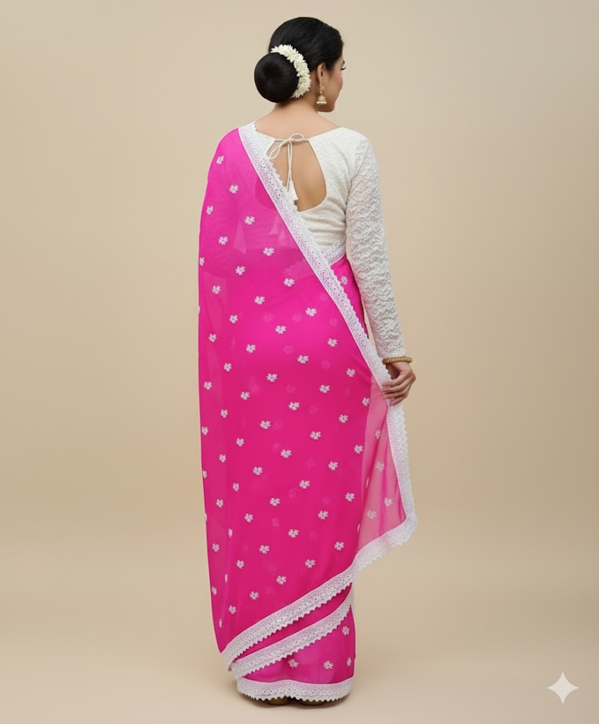 Pink and White Embroidered Hakoba Saree