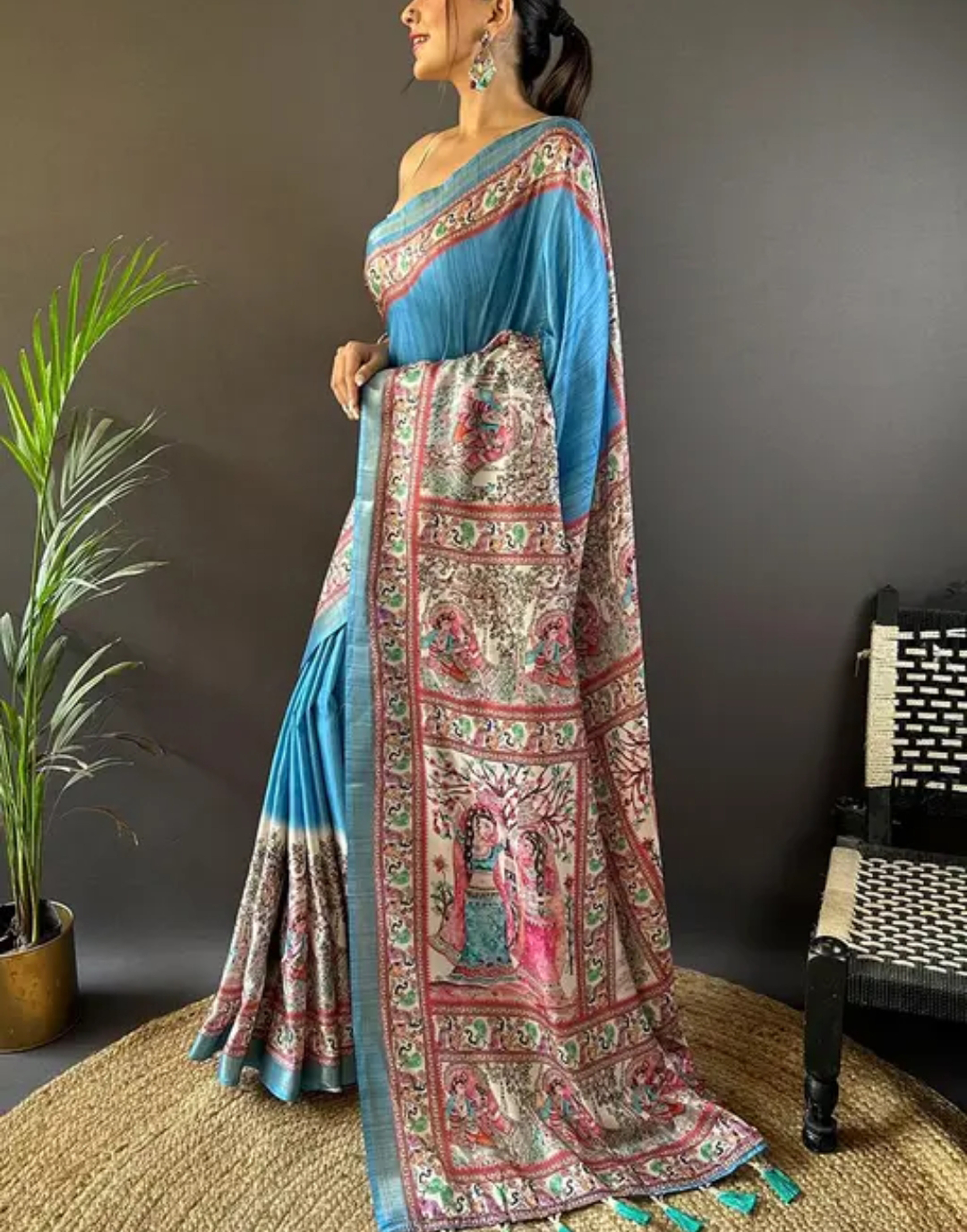 Tussar Silk Hand Woven Madhubani  Printed Saree