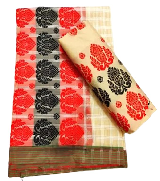 Women`s Assamese Mekhela Sador Paat Santal Panchi Lungi Parhar Fabric of Soft Silk Traditional Design- Cream Red Black
