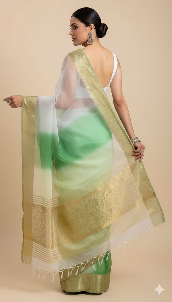 Women`s Organza Soft Silk Flower Desgin Stylish Sensational Saree - Green White