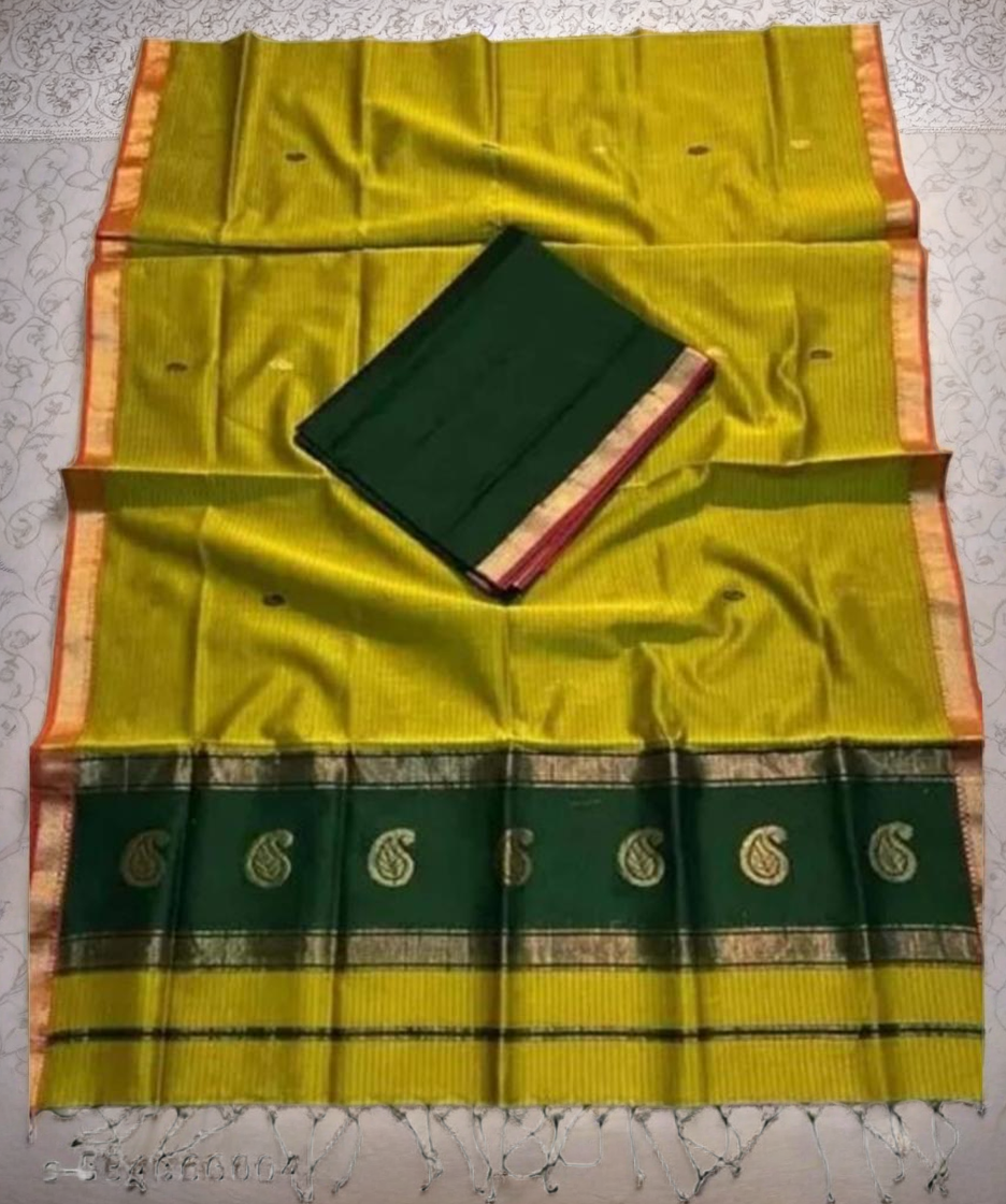Women’s Handloom Cotton Silk Saree Mango Design Pure Fine By Fulia Tant With Blouse- Olive Green