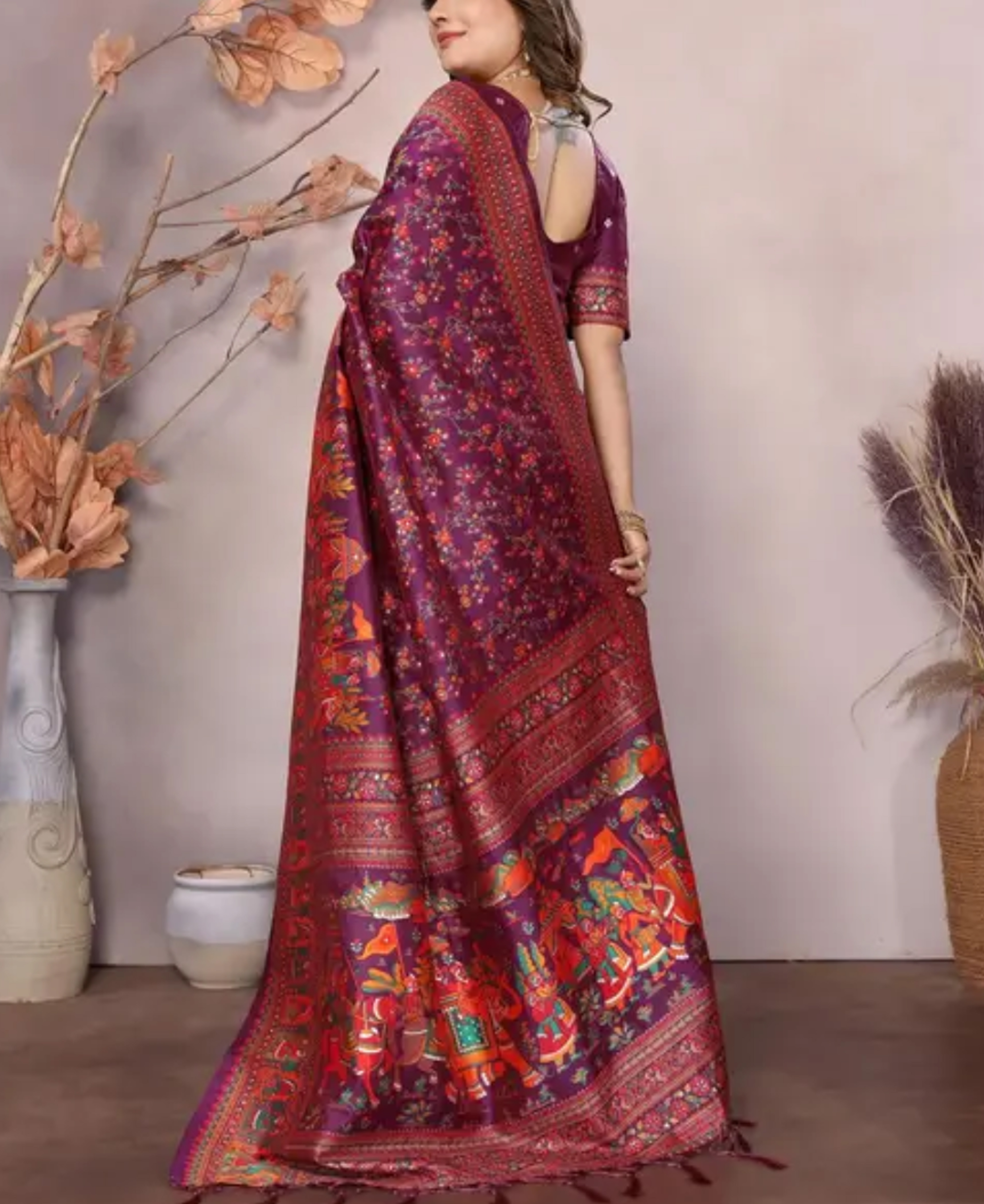  Kashmiri Pashmina Jamawar Silk Purple Saree with Traditional Meenakari Work  