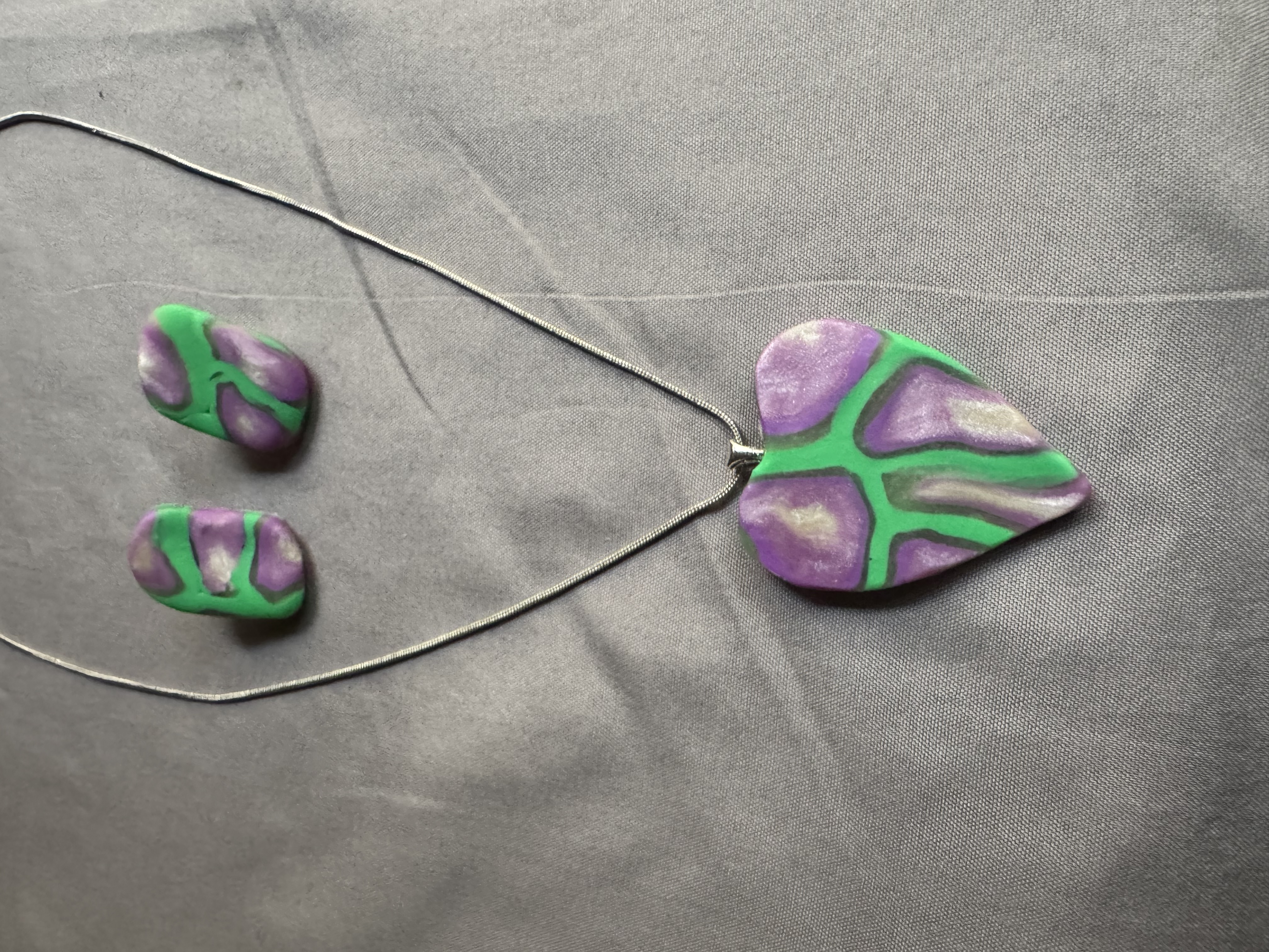 Handmade Purple and Green Leaf Necklace with Matching Earrings