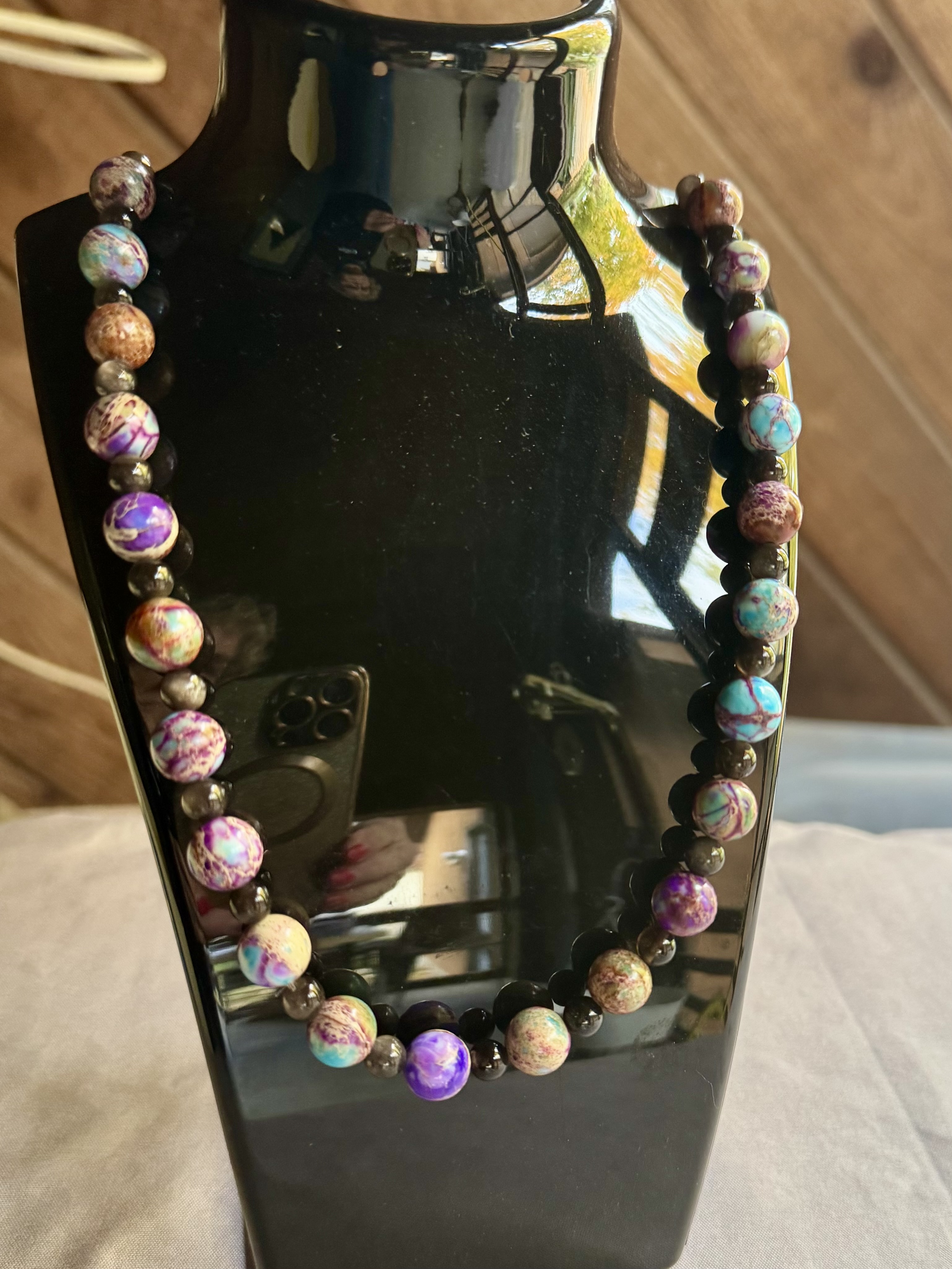 Handcrafted Turquoise and Onyx Gemstone Bead Necklace