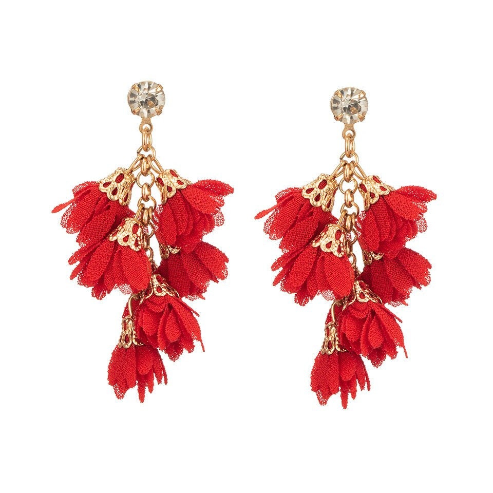 Red Flower Cluster Pendant Earrings