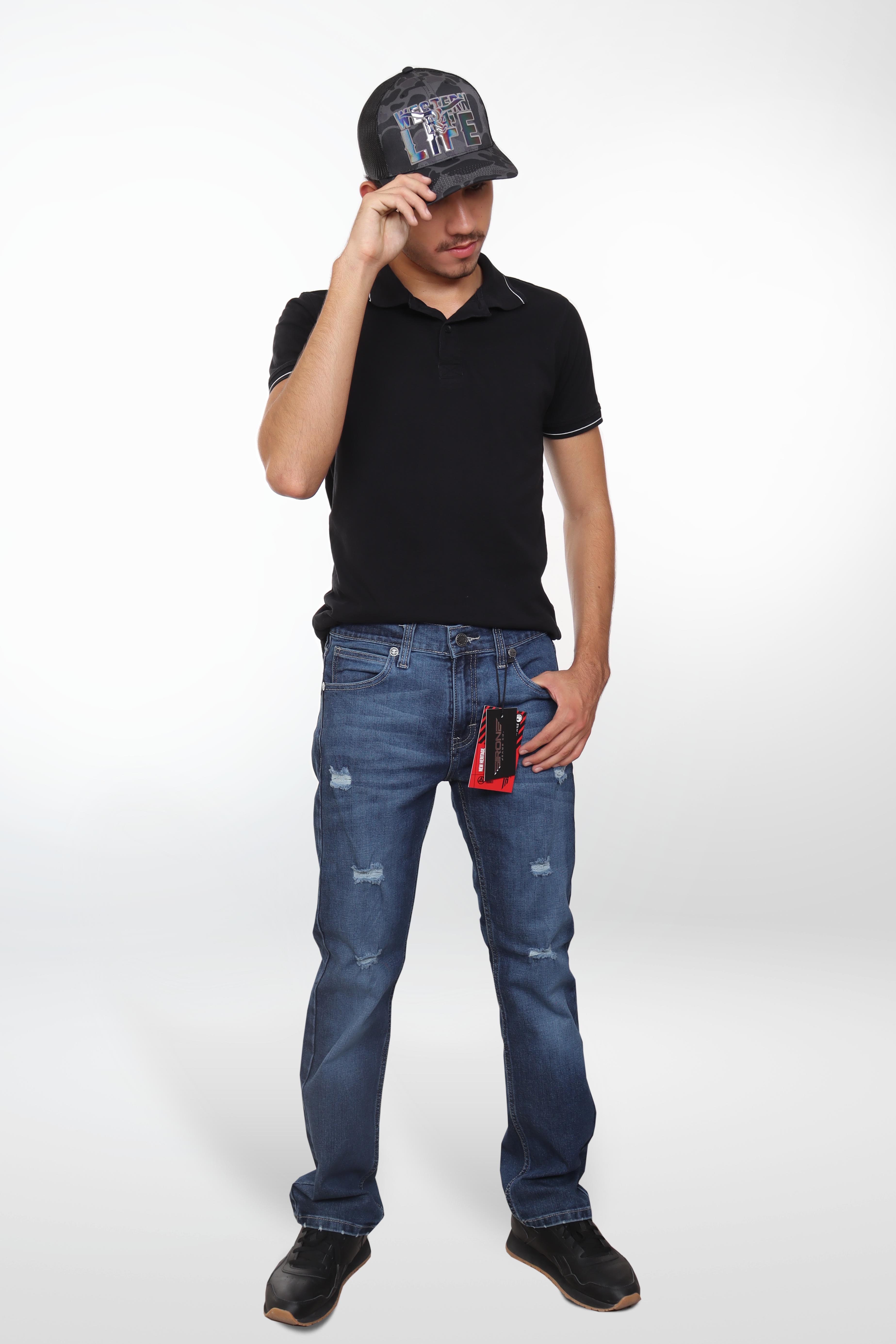 Jeans straight blue navy con destrucción lavado intenso