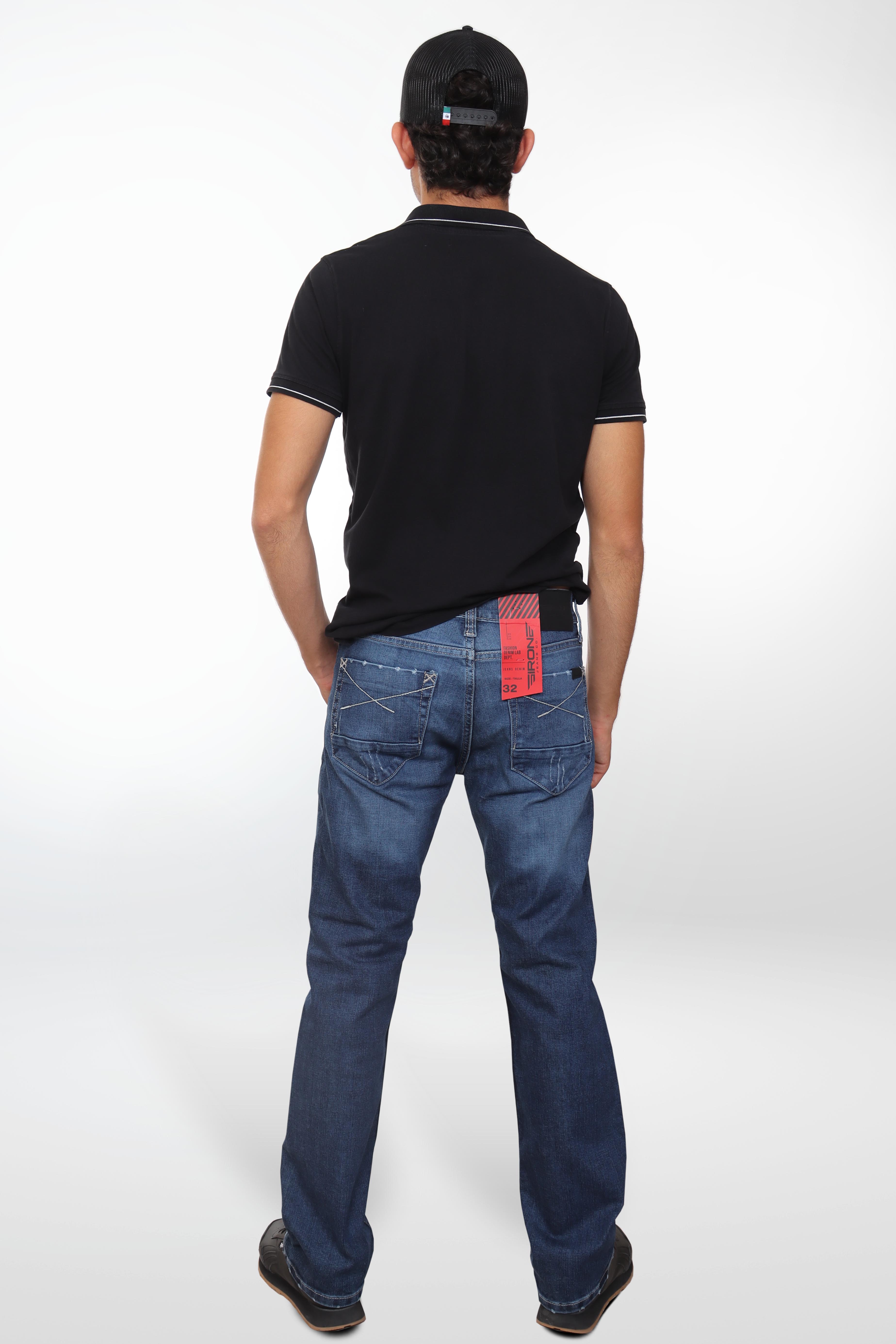 Jeans straight blue navy con destrucción lavado intenso