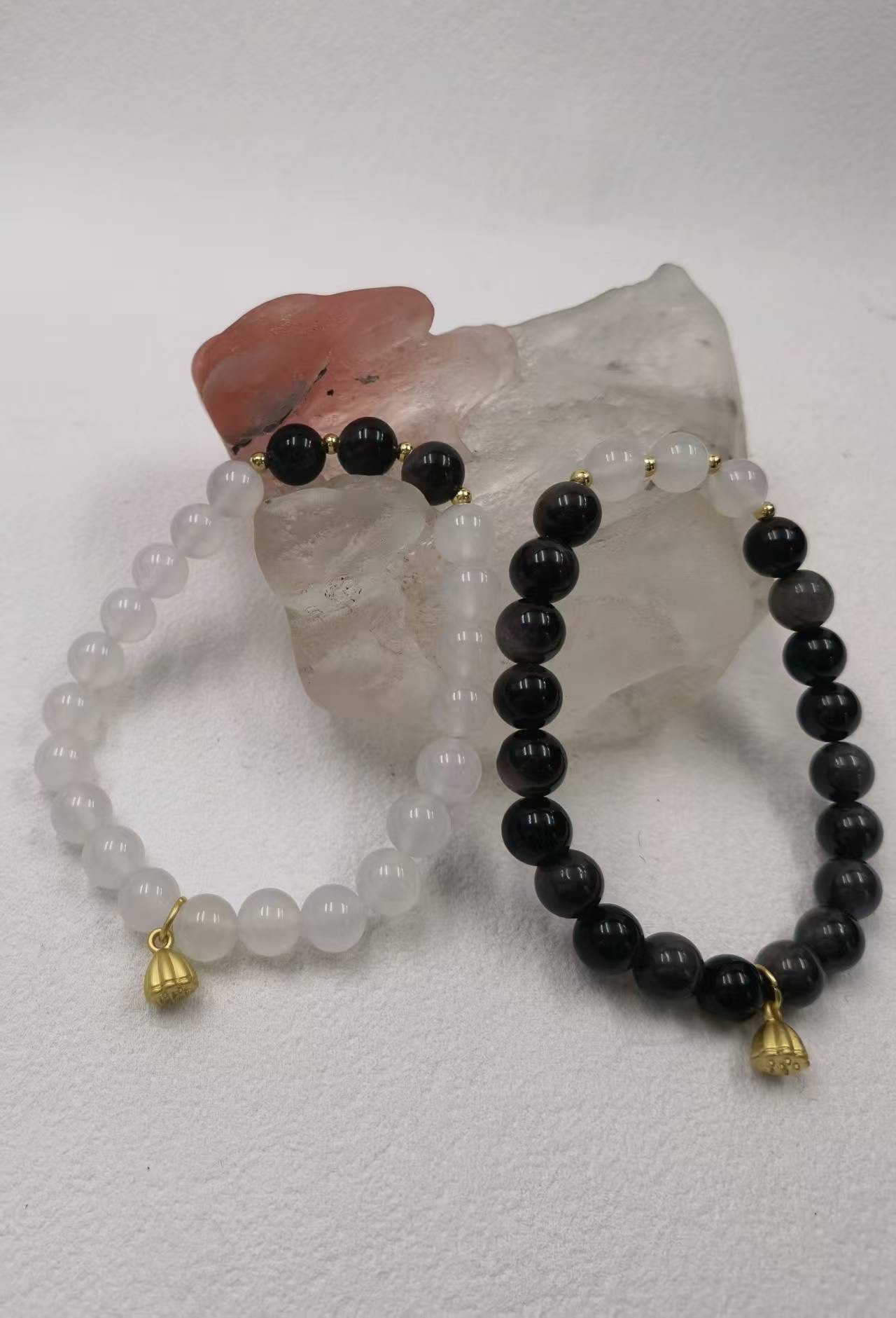 White Agate + Silver Obsidian, 8mm