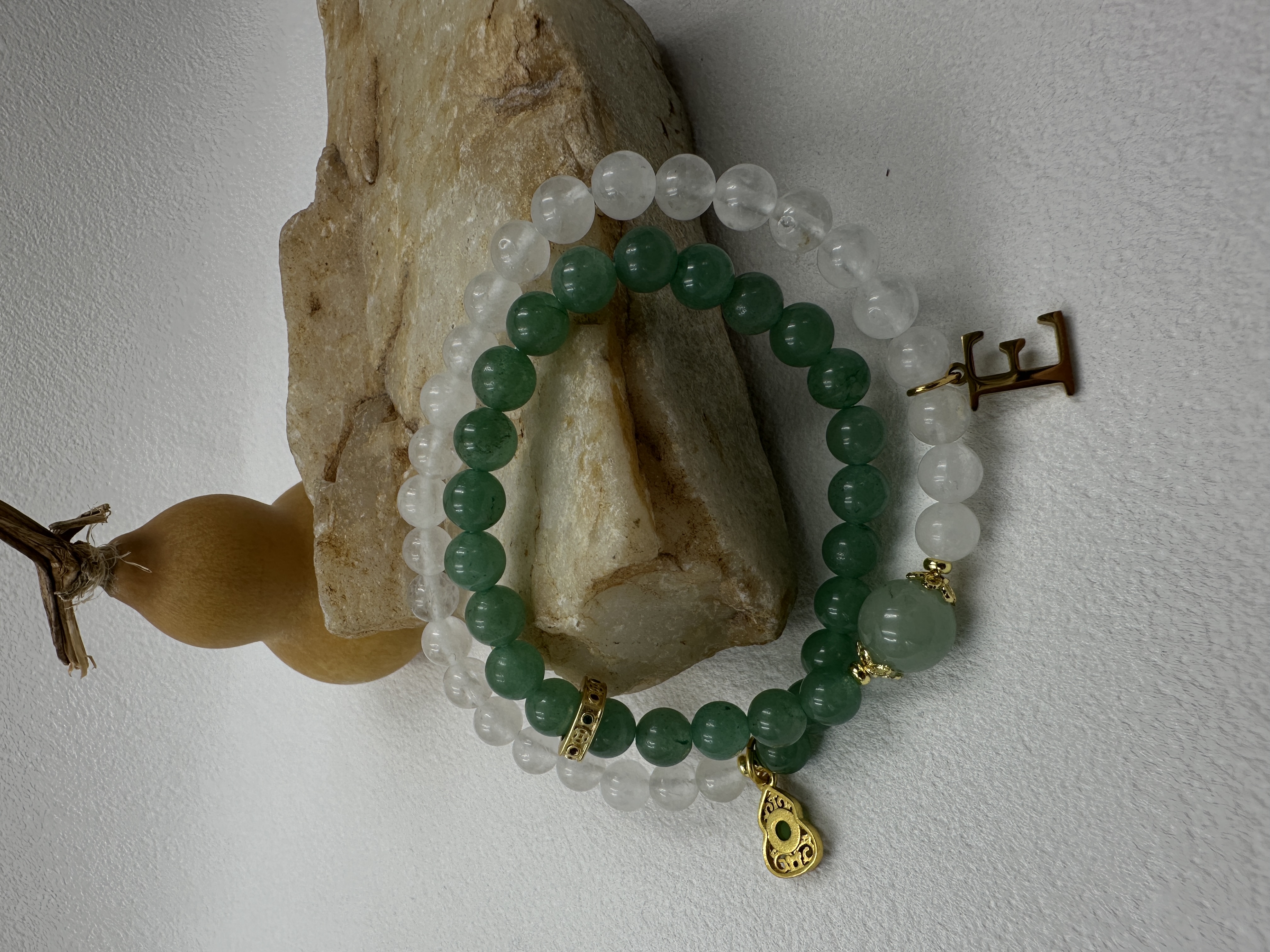 Green Aventurine and White Crystal Beaded Bracelet Set