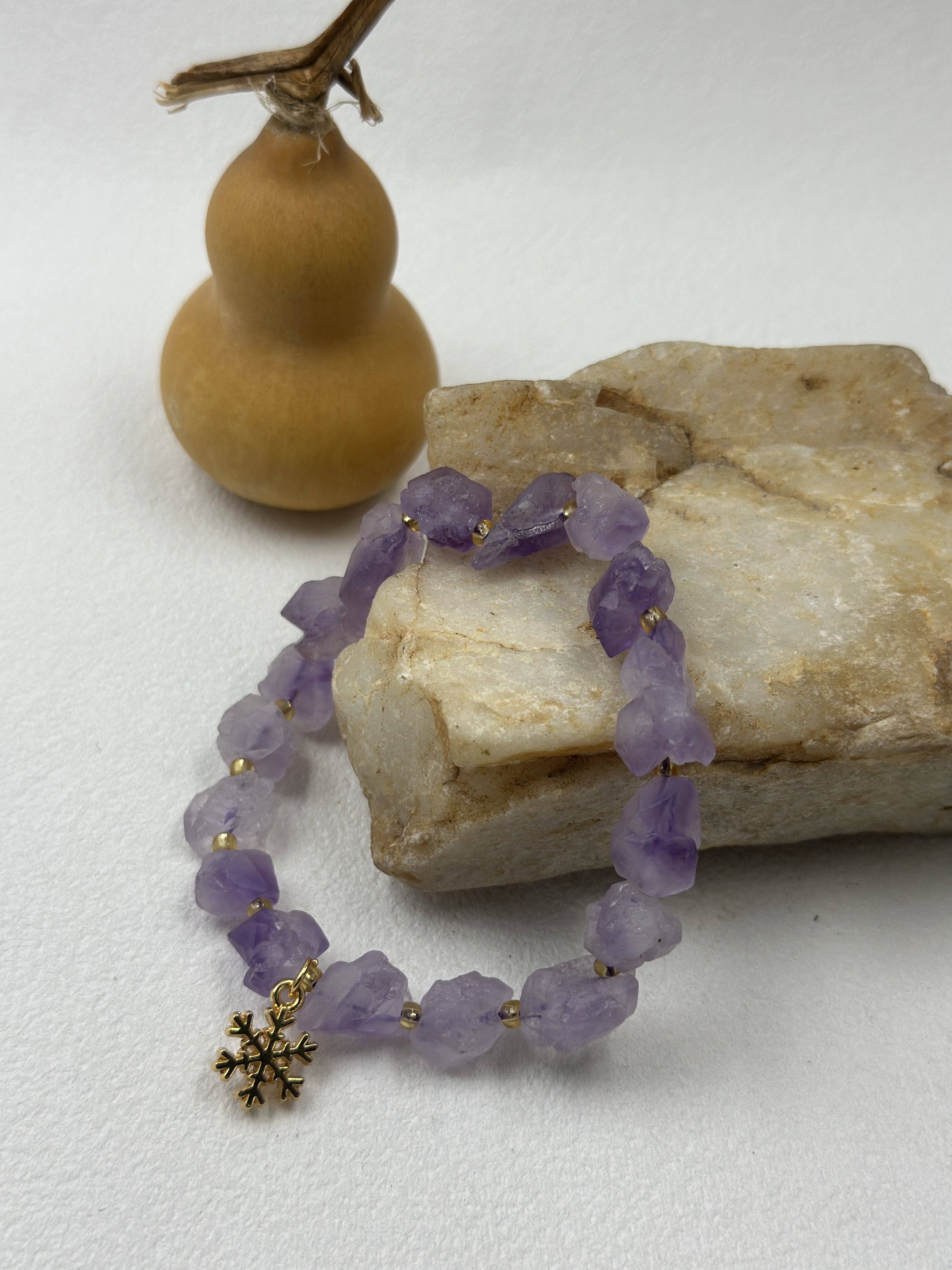Amethyst Raw Stone Bracelet with snowflake charm (10mm)