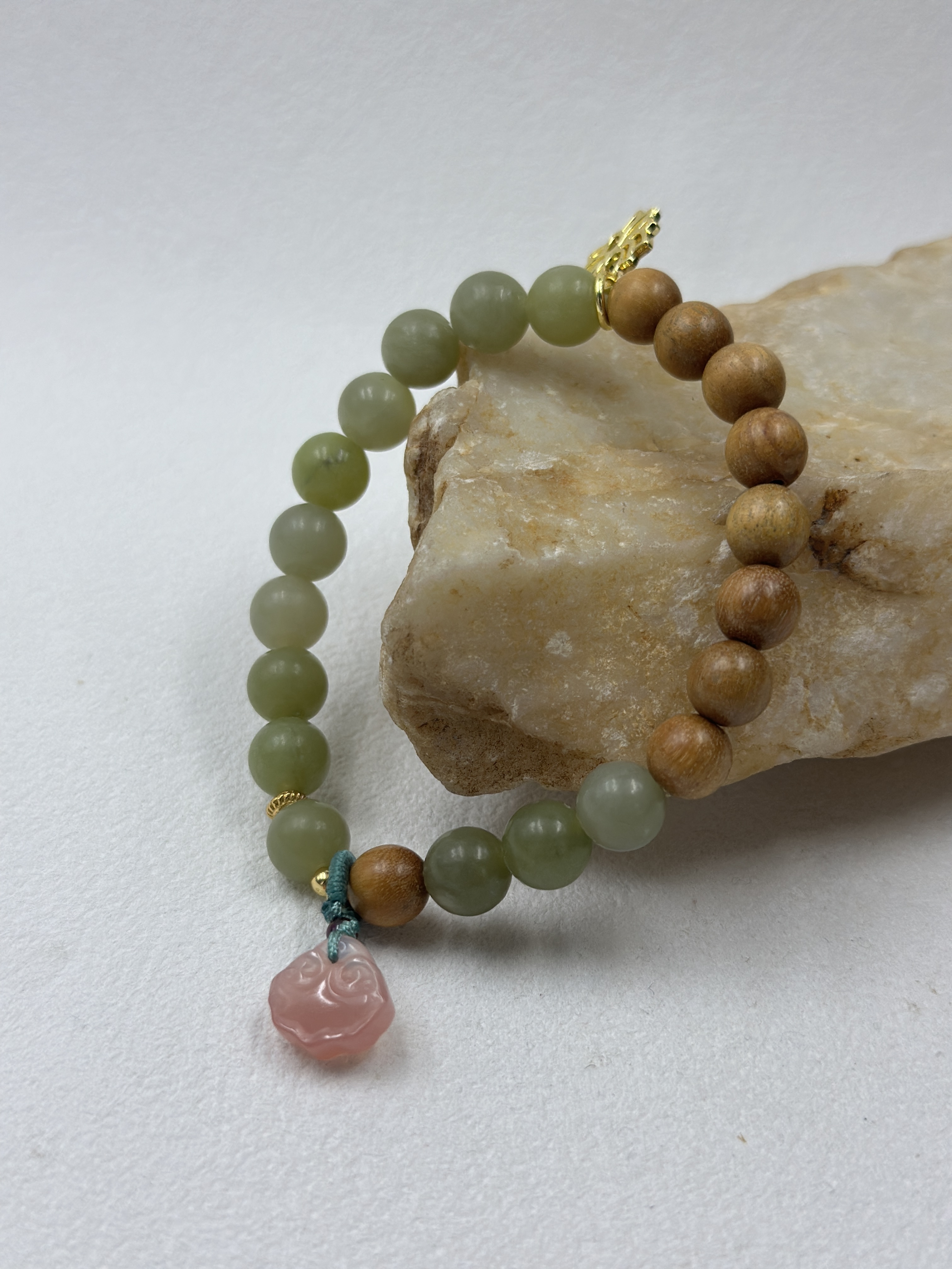 Natural Green Jade + Sandalwood + Agate Ruyi Bracelet