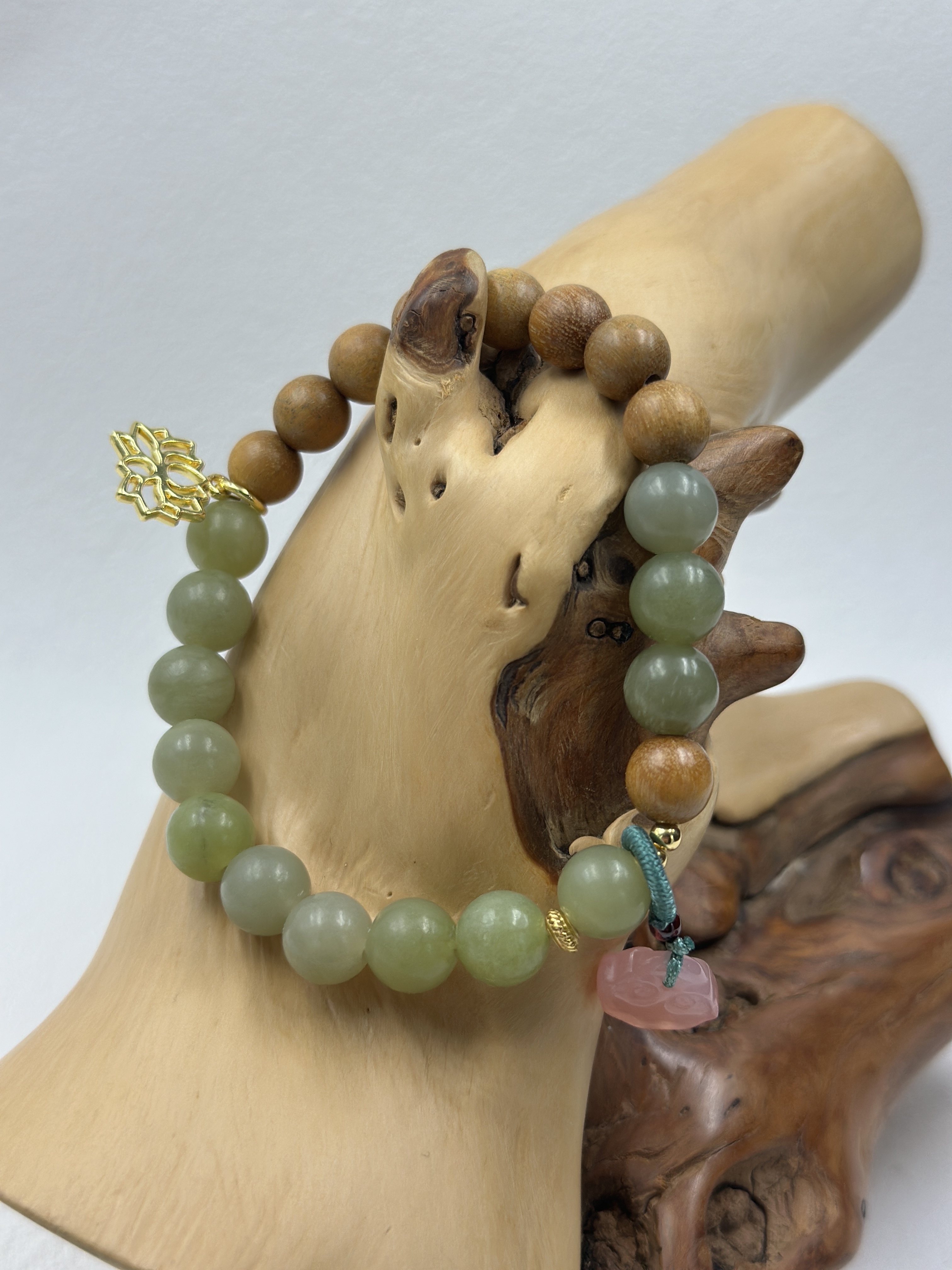 Natural Green Jade + Sandalwood + Agate Ruyi Bracelet