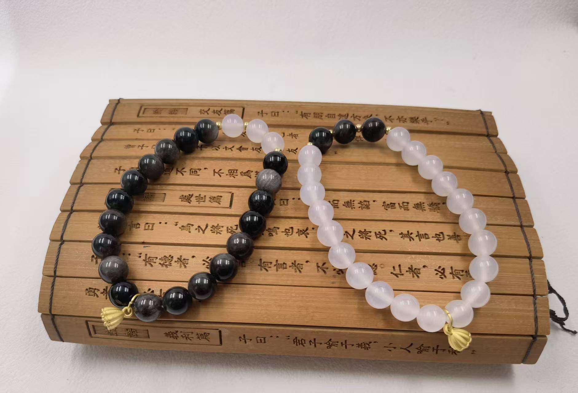 White Agate + Silver Obsidian, 8mm