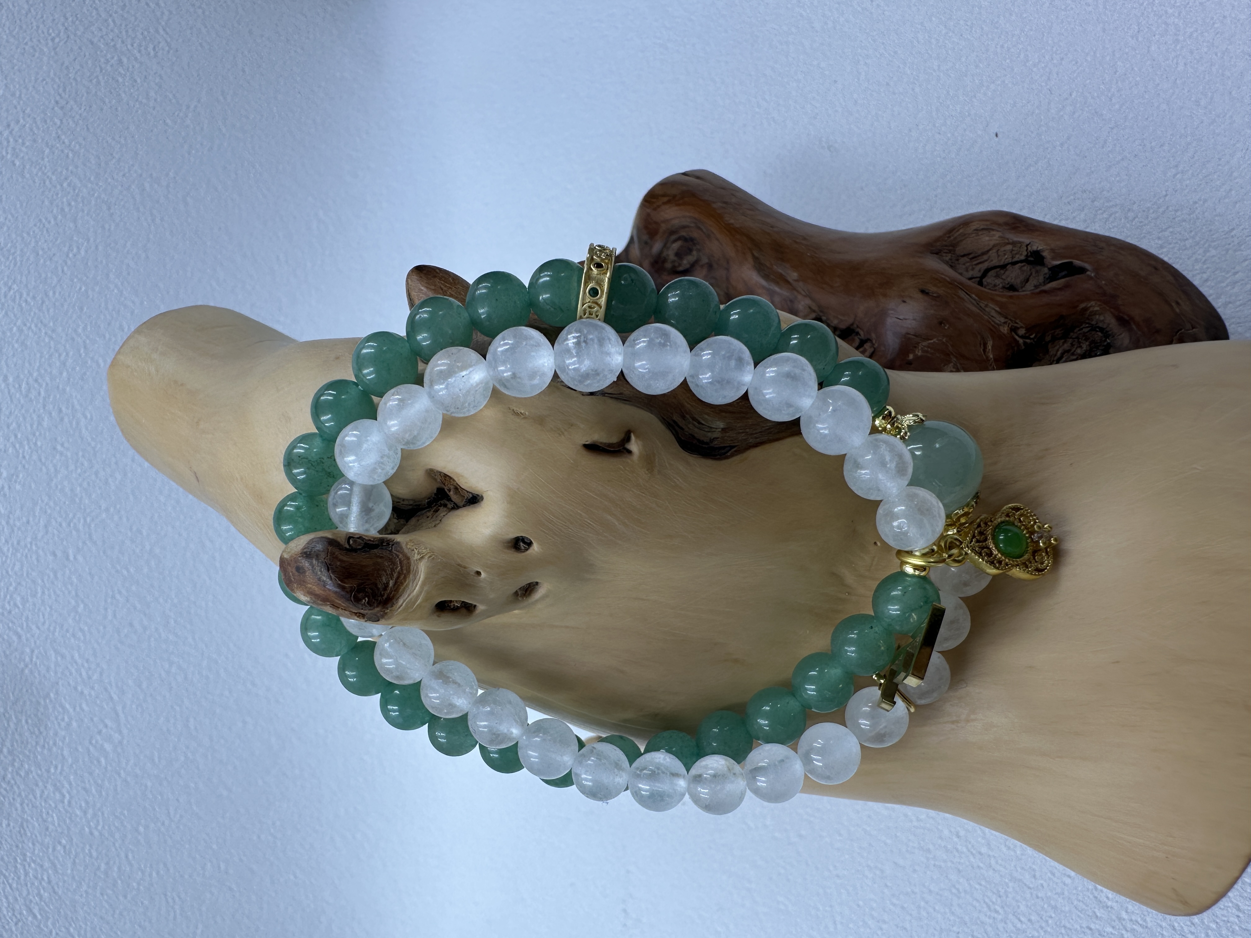 Green Aventurine and White Crystal Beaded Bracelet Set