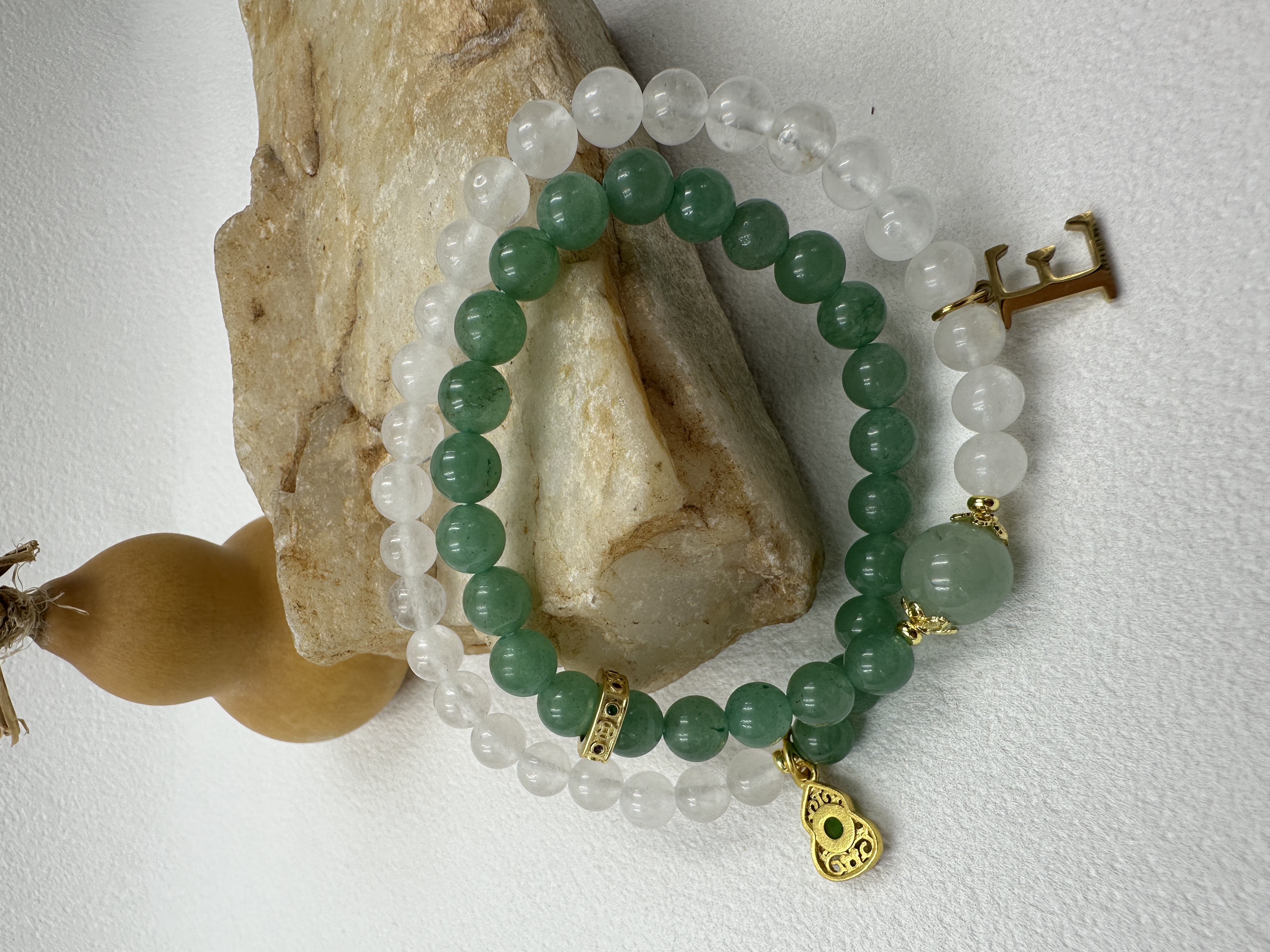 Green Aventurine and White Crystal Beaded Bracelet Set