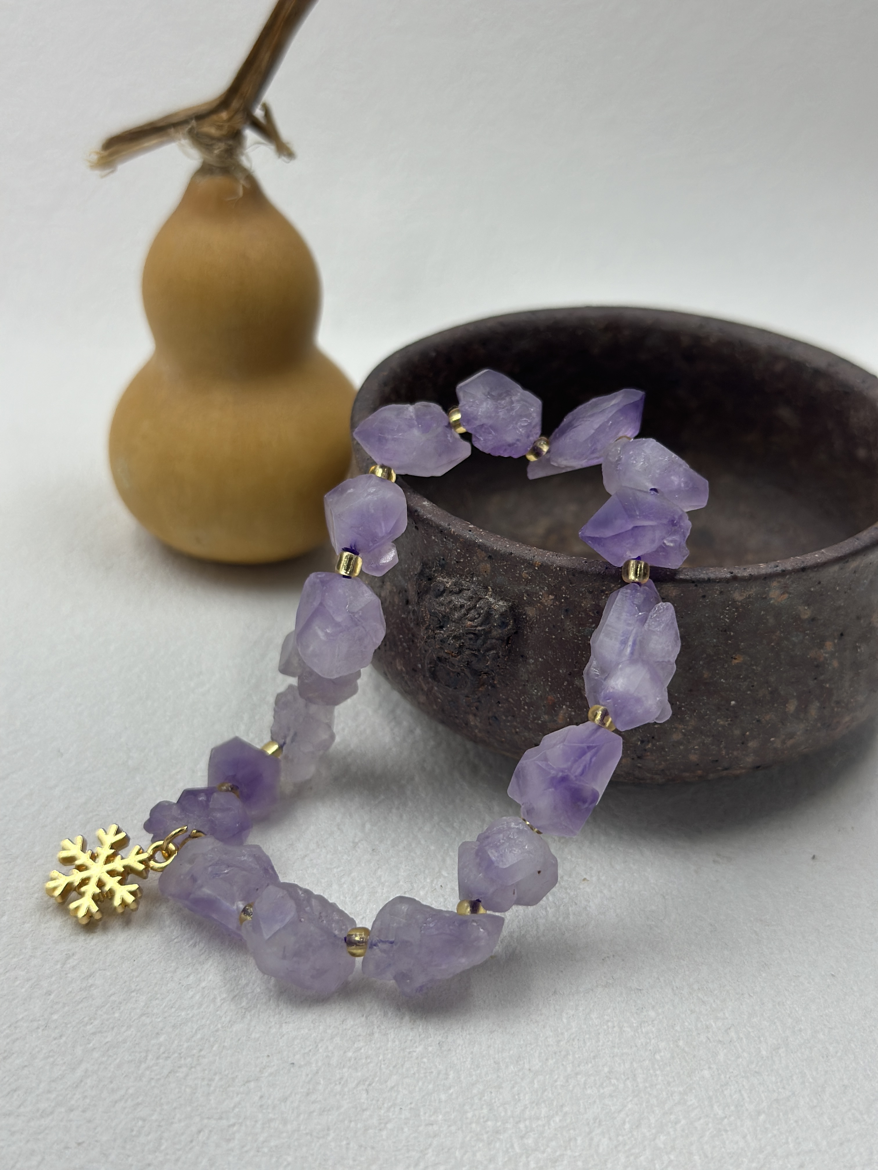 Amethyst Raw Stone Bracelet with snowflake charm (10mm)