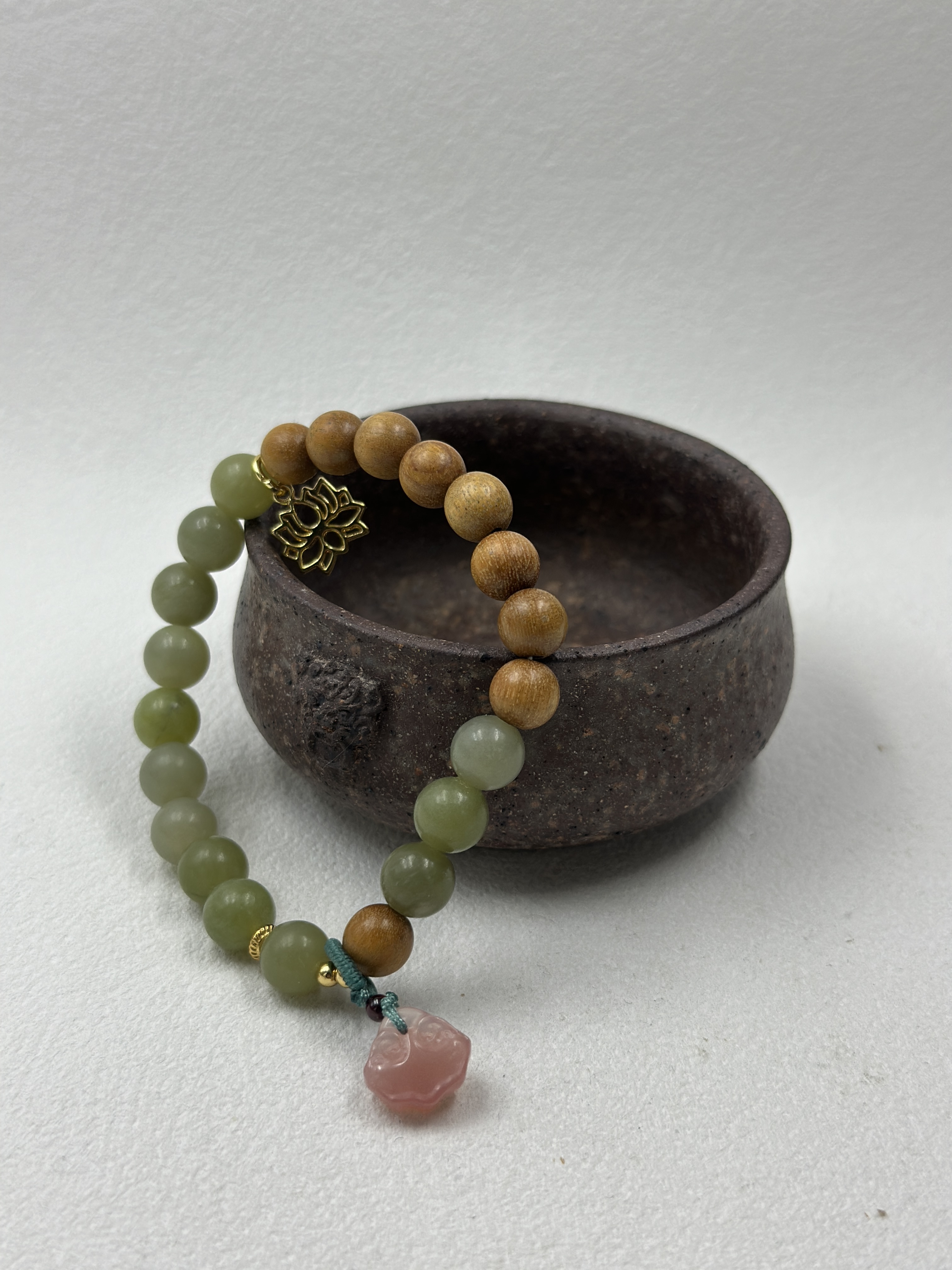 Natural Green Jade + Sandalwood + Agate Ruyi Bracelet