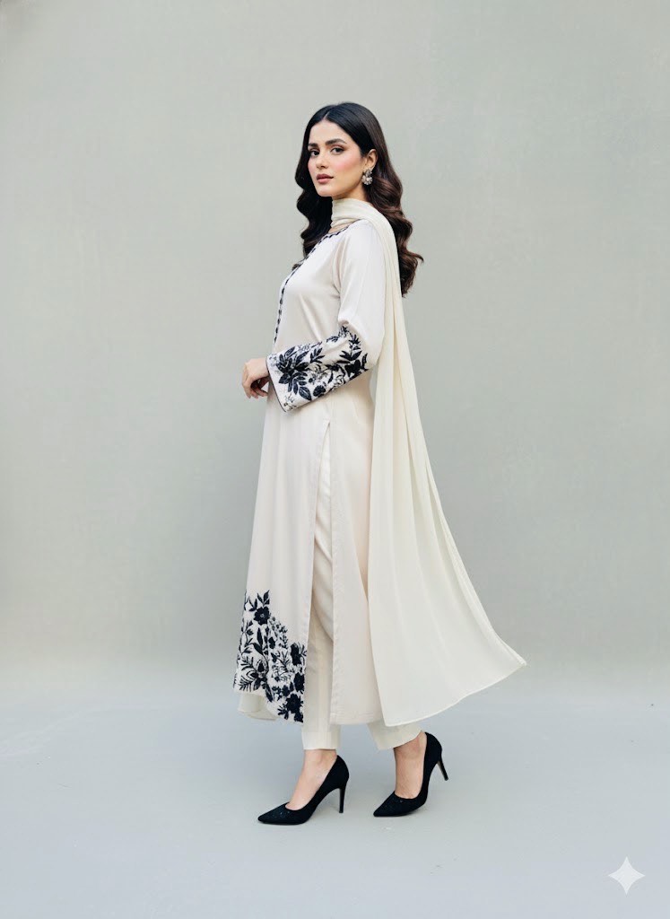 Elegant Cream Embroided Silk